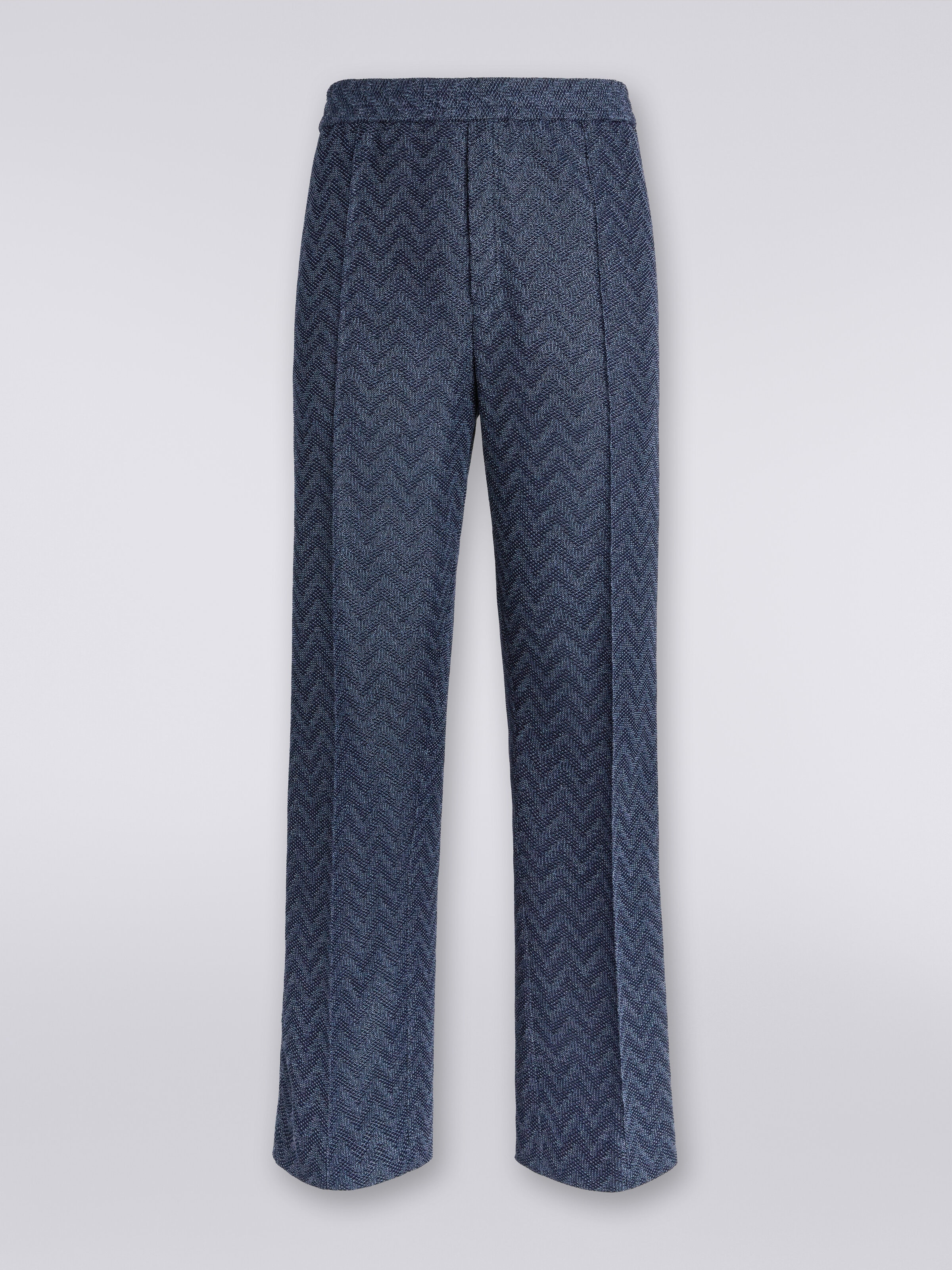 Straight cotton knit chevron trousers , Blue - 0
