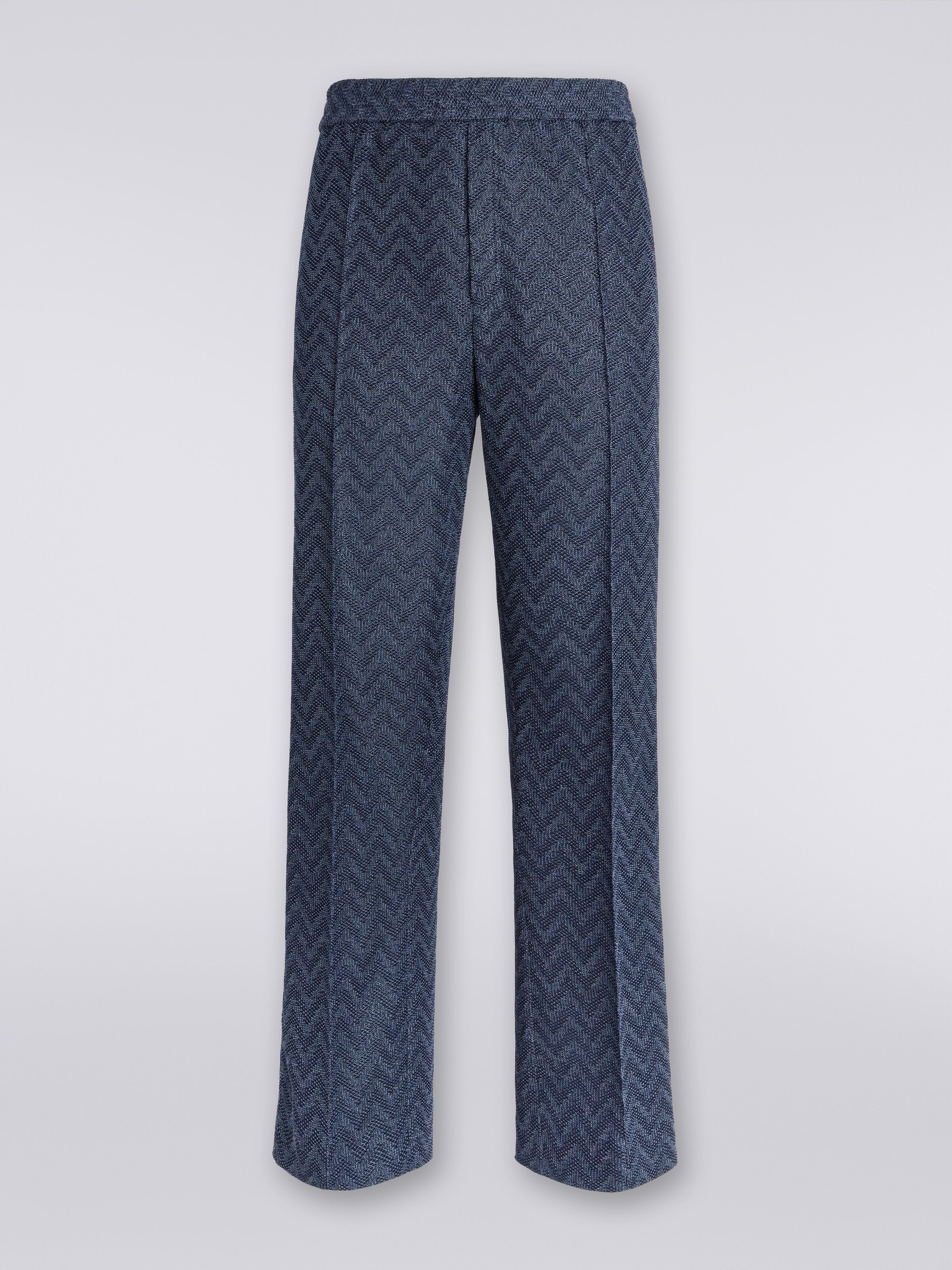 Straight cotton knit chevron trousers, Blue - 0