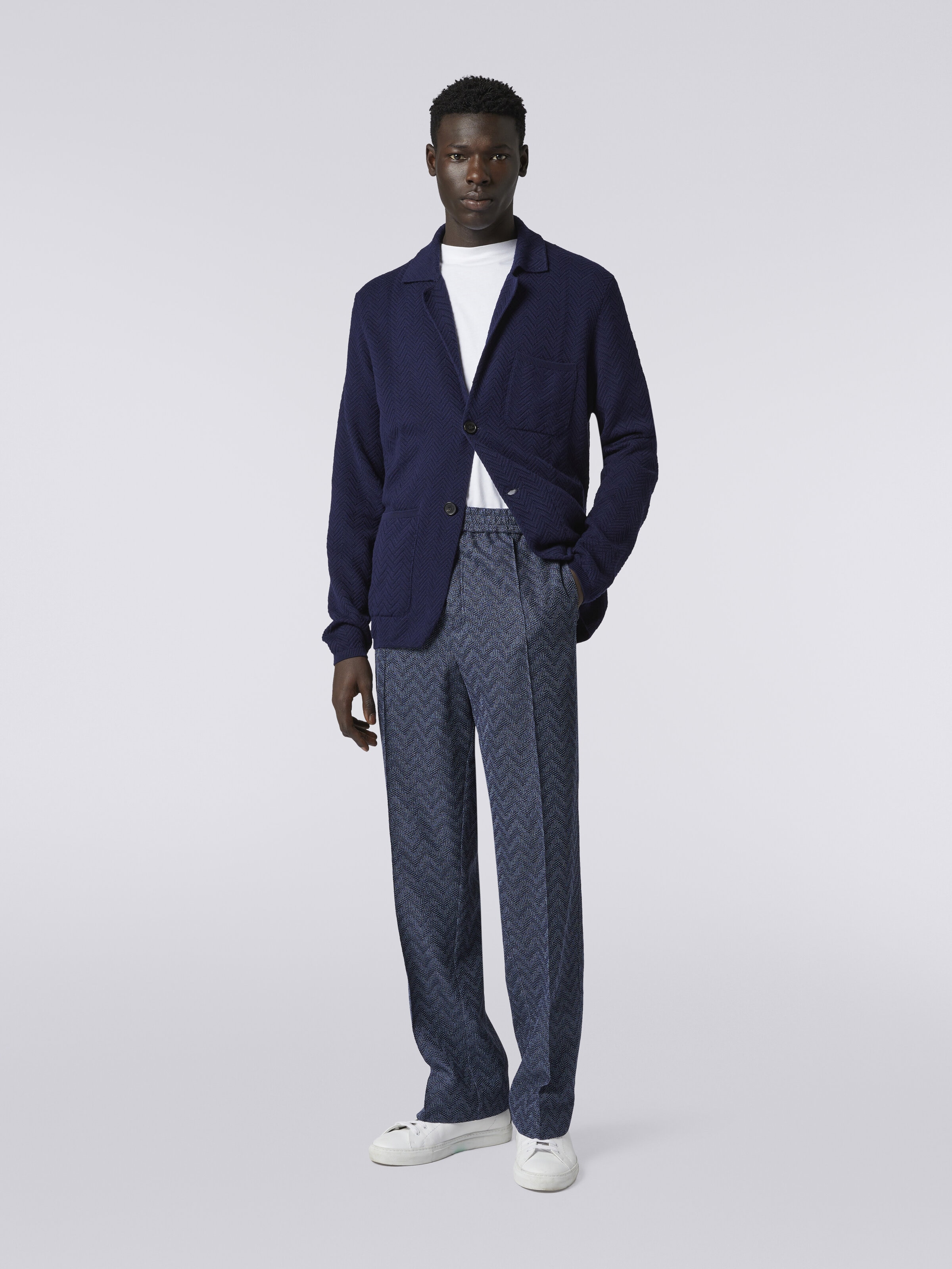 Straight cotton knit chevron trousers, Blue - 1