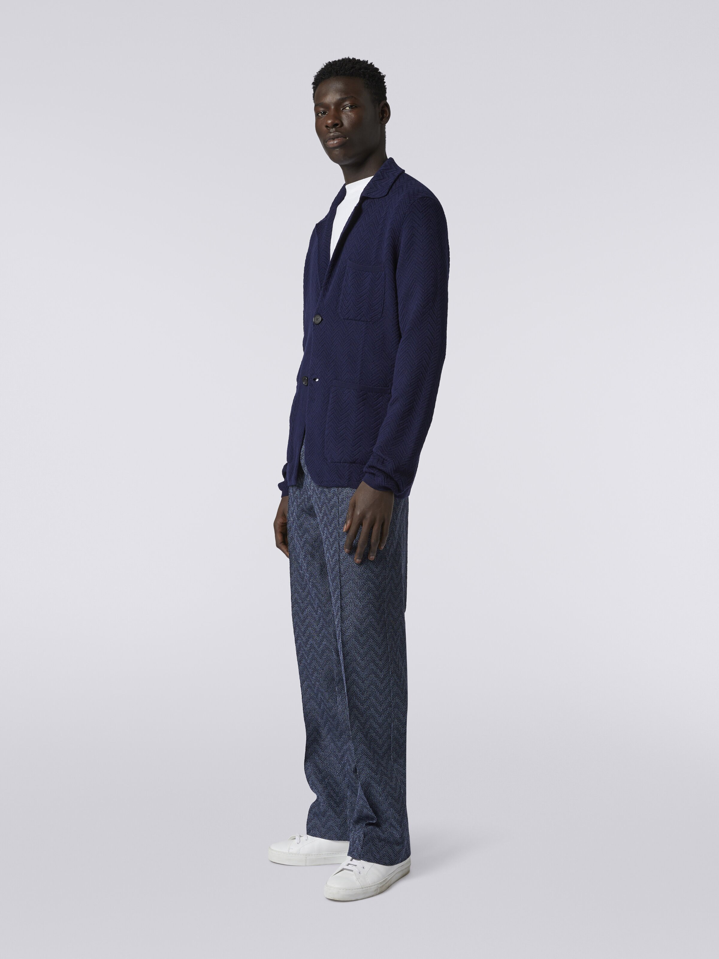 Straight cotton knit chevron trousers, Blue - 2