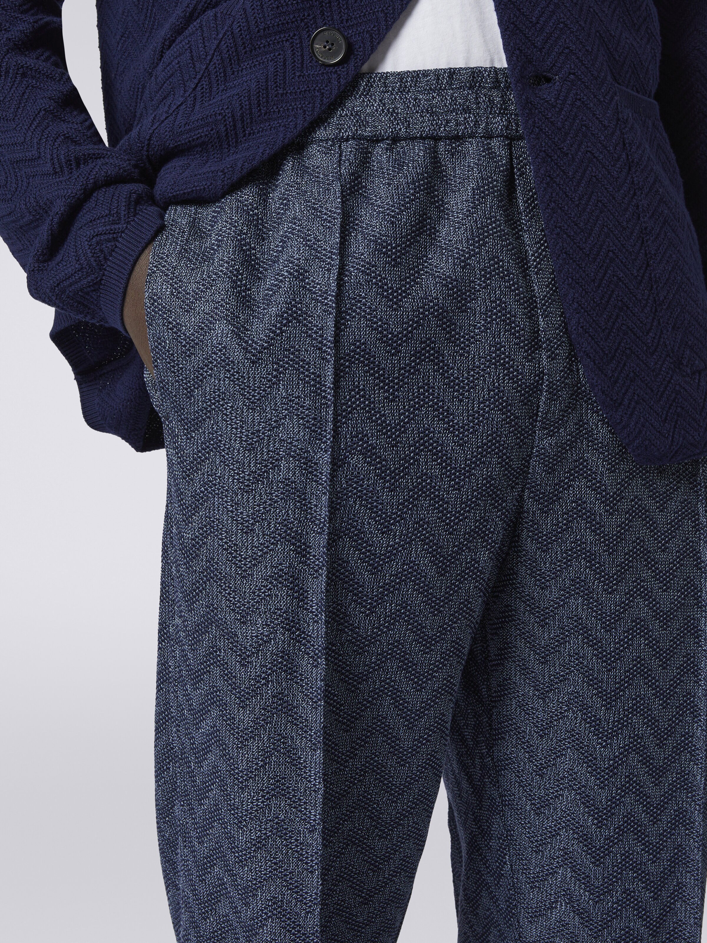 Straight cotton knit chevron trousers , Blue - 4