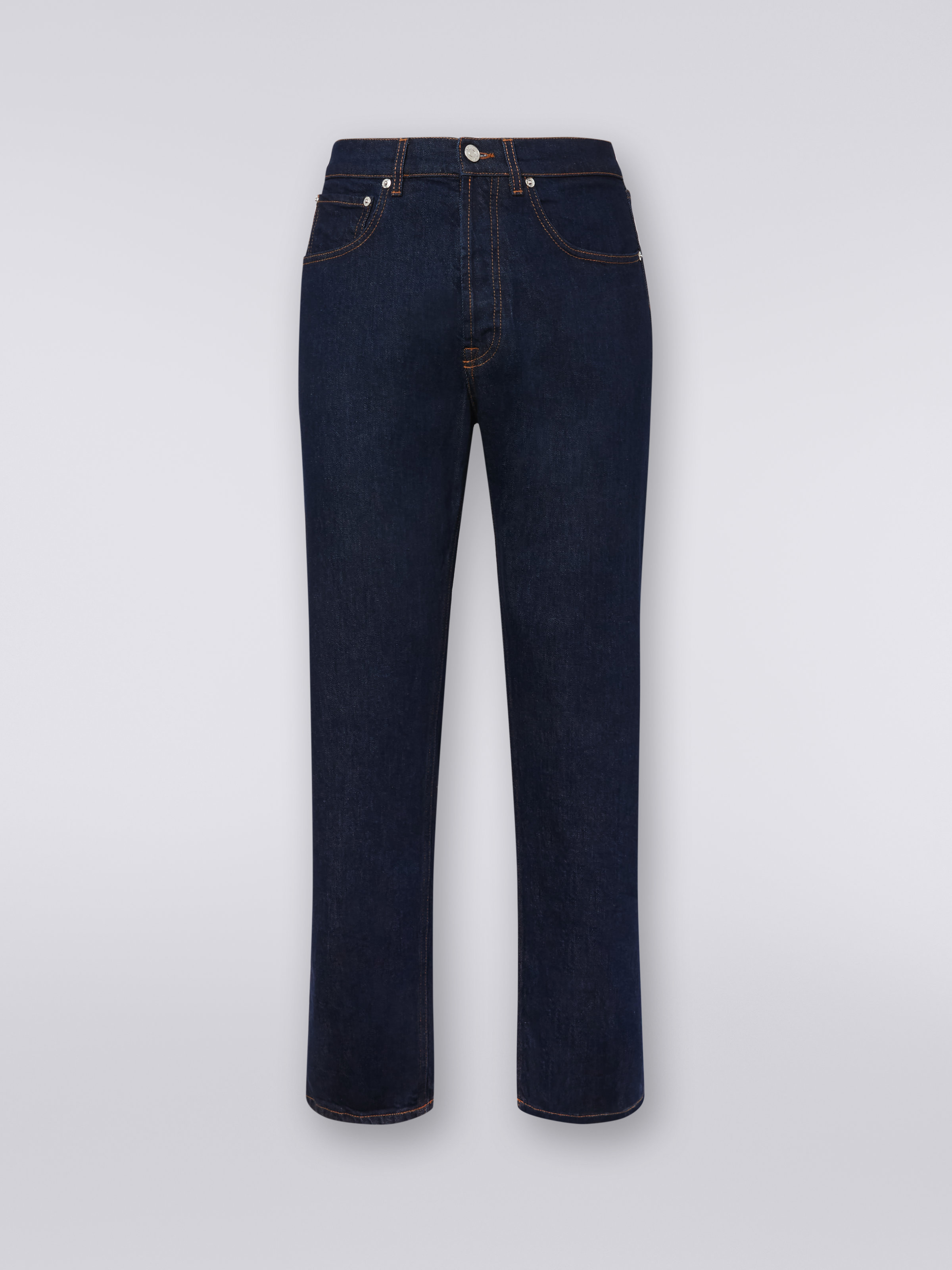 Five-pocket denim trousers with zigzag embroidery on pocket, Blue - 0