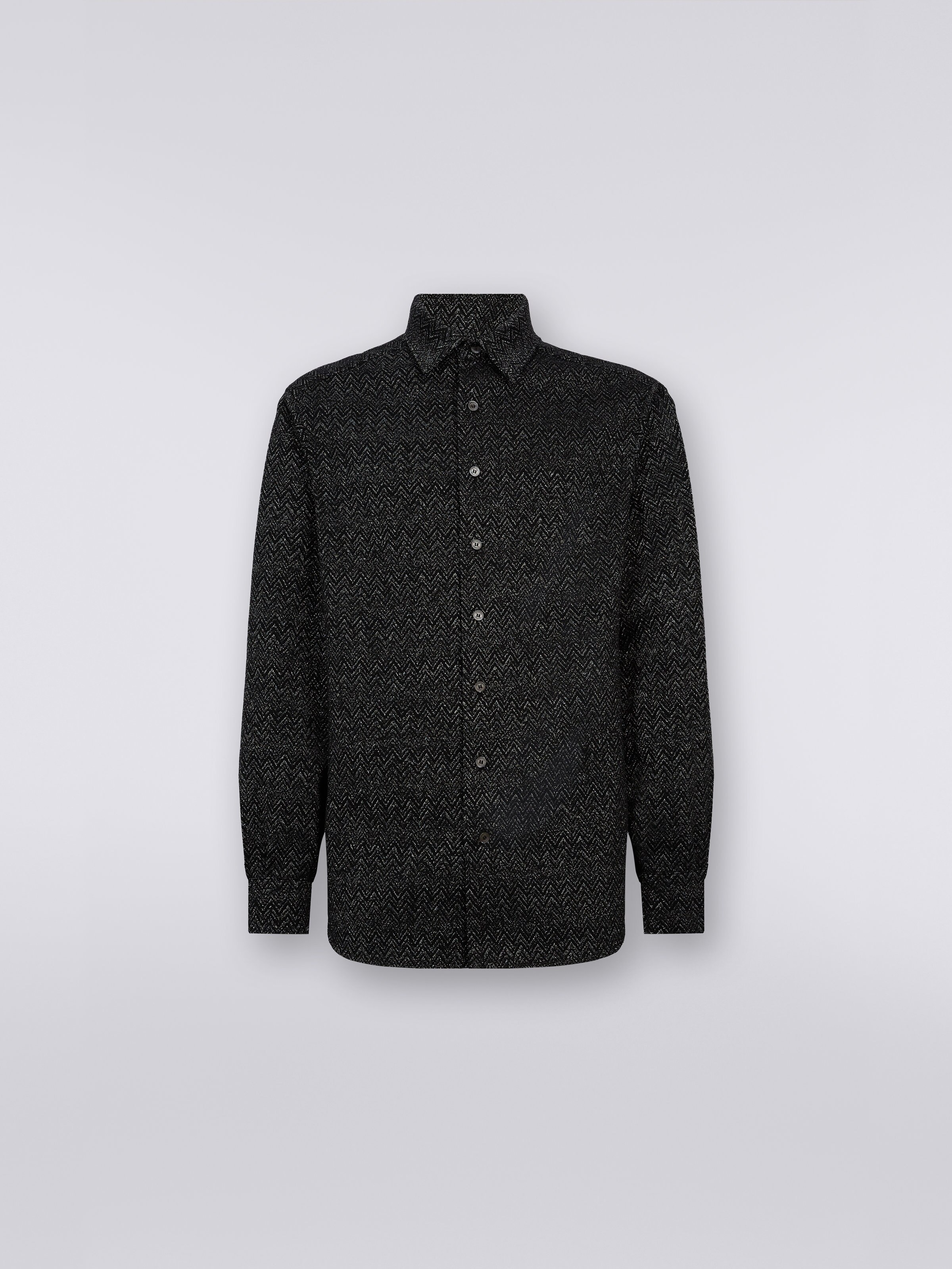 Wool blend shirt with lurex chevron, Black    - 0