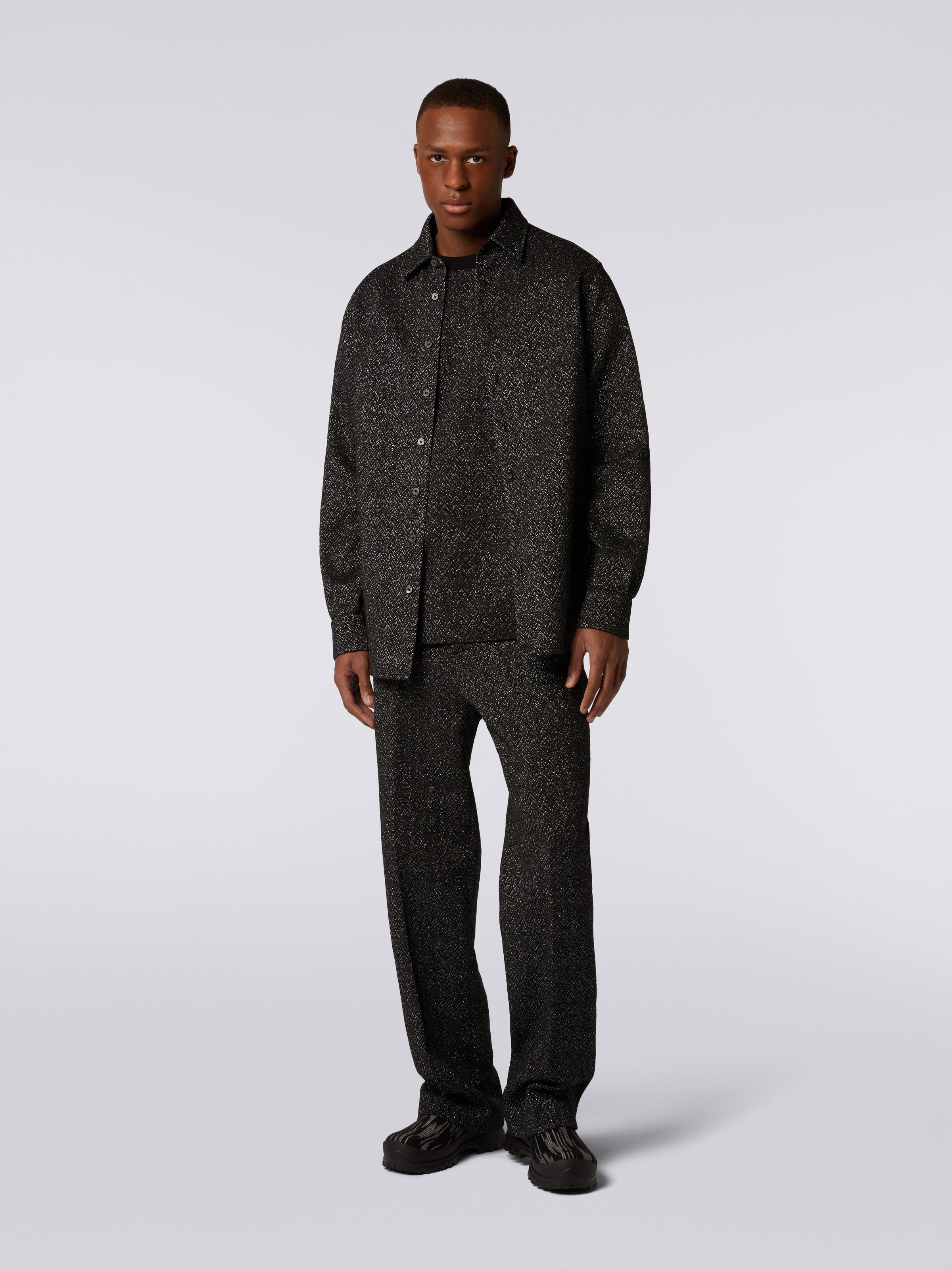 Wool blend shirt with lurex chevron, Black    - 1