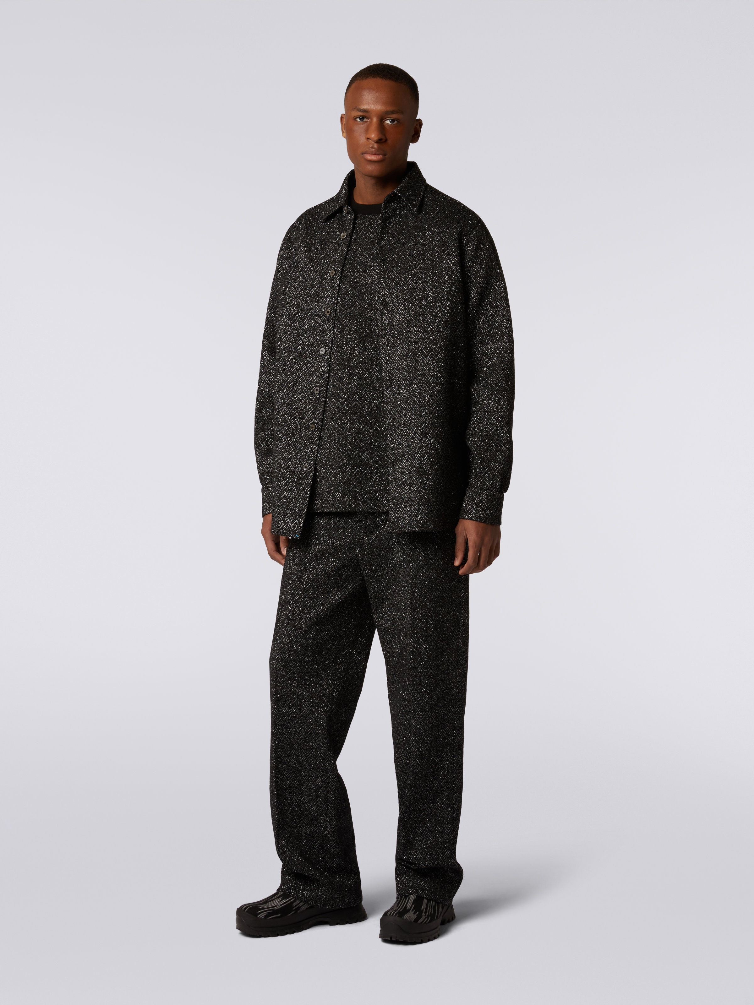 Wool blend shirt with lurex chevron, Black    - 2