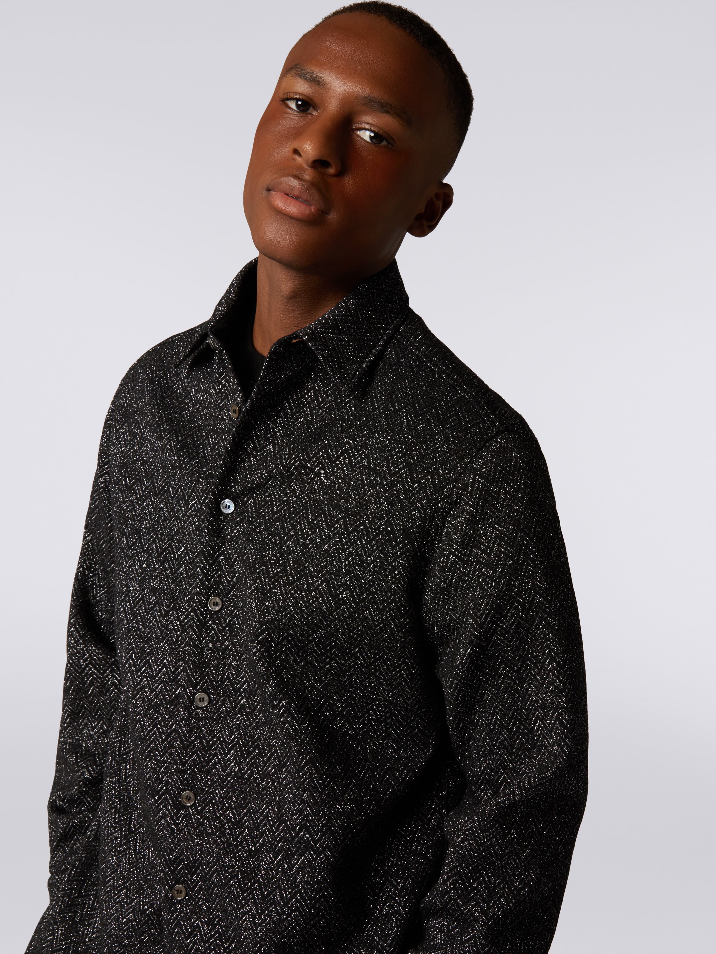 Wool blend shirt with lurex chevron, Black    - 4