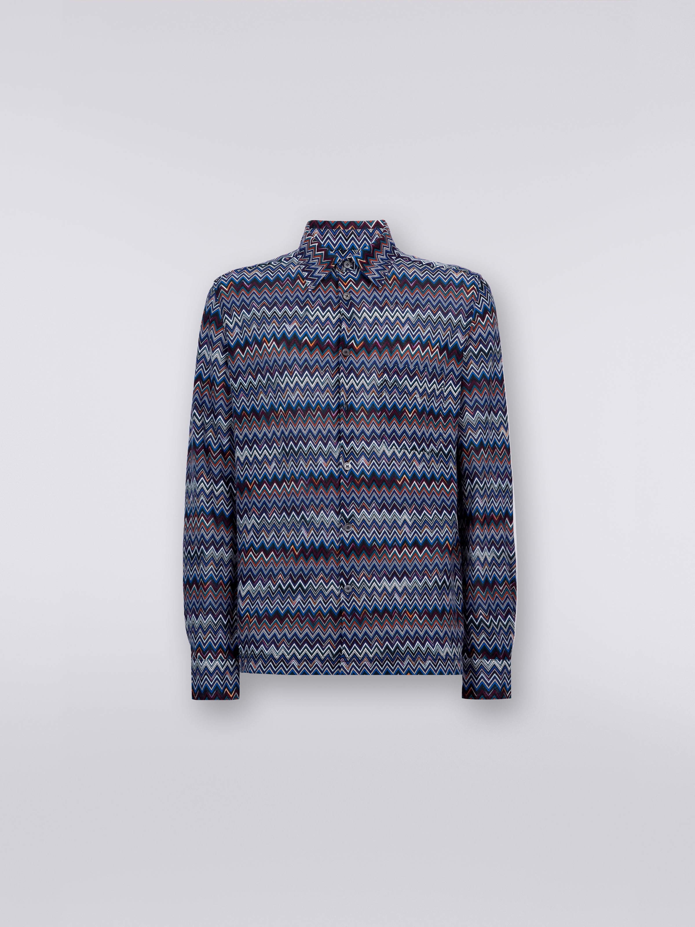 Langärmeliges Hemd aus Baumwolle und Viskose mit Chevronmuster, Marineblau  - 0
