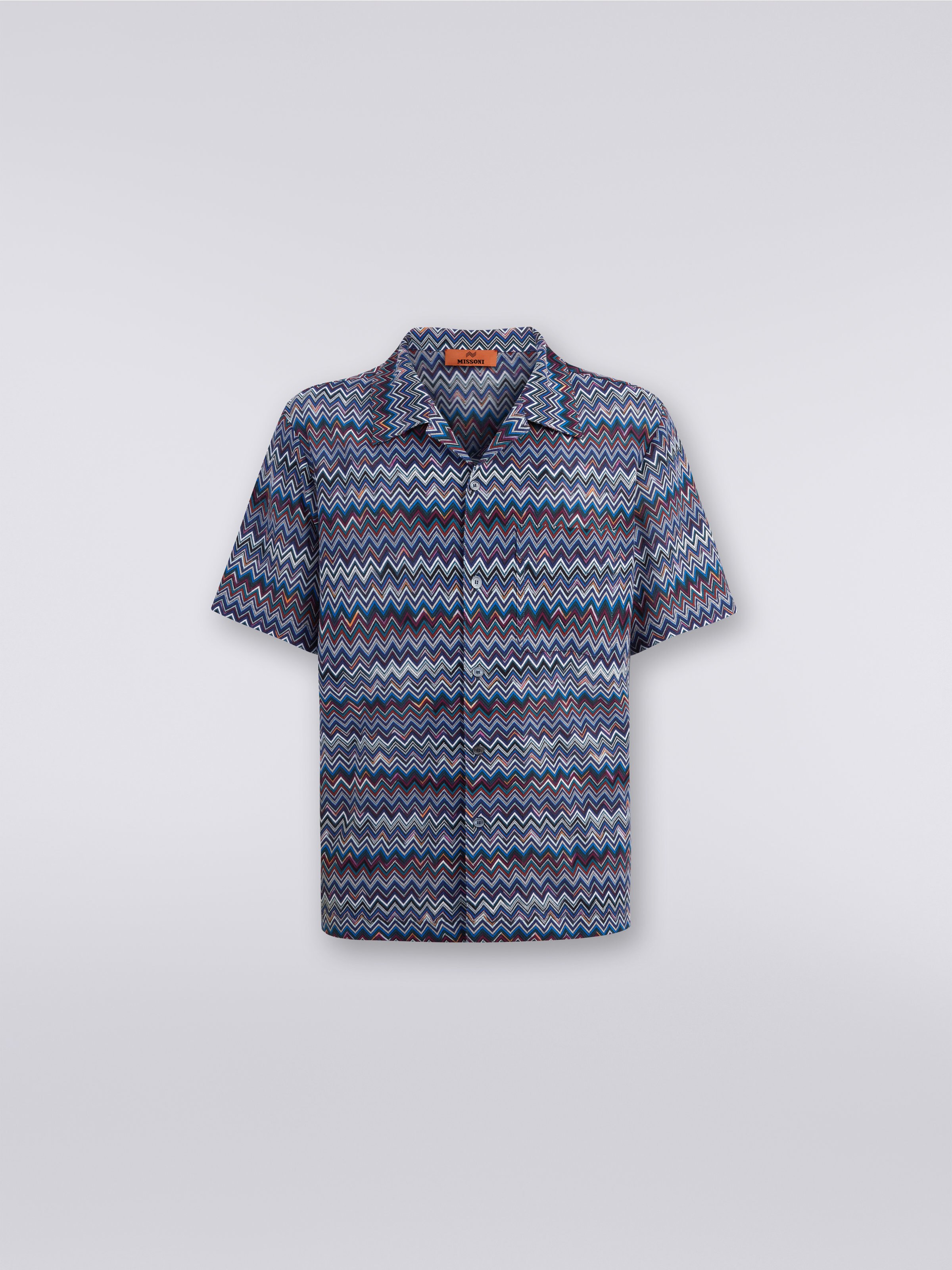 Short-sleeved bowling shirt in zigzag cotton and viscose, Navy Blue  - 0