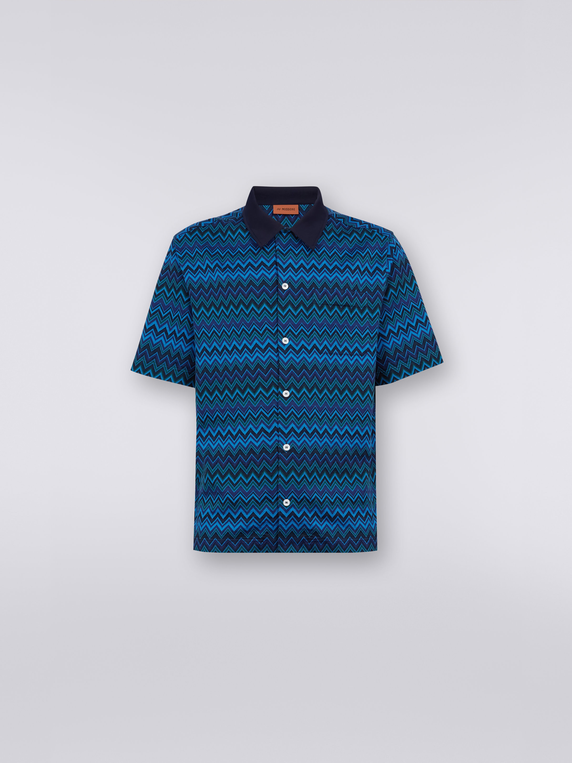 Short-sleeved jacquard knit cotton jersey shirt, Blue - 0