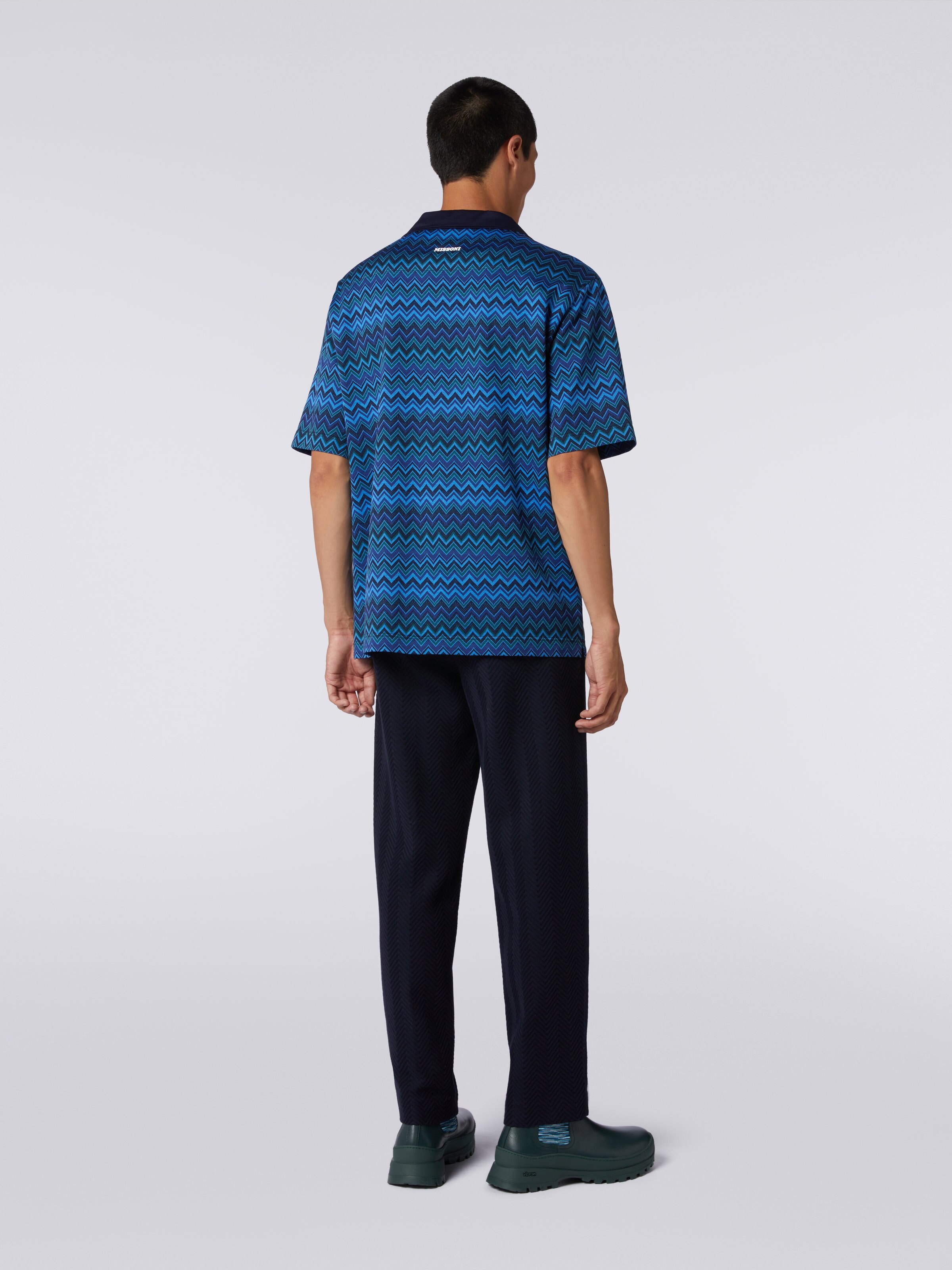 Short-sleeved jacquard knit cotton jersey shirt, Blue - 3