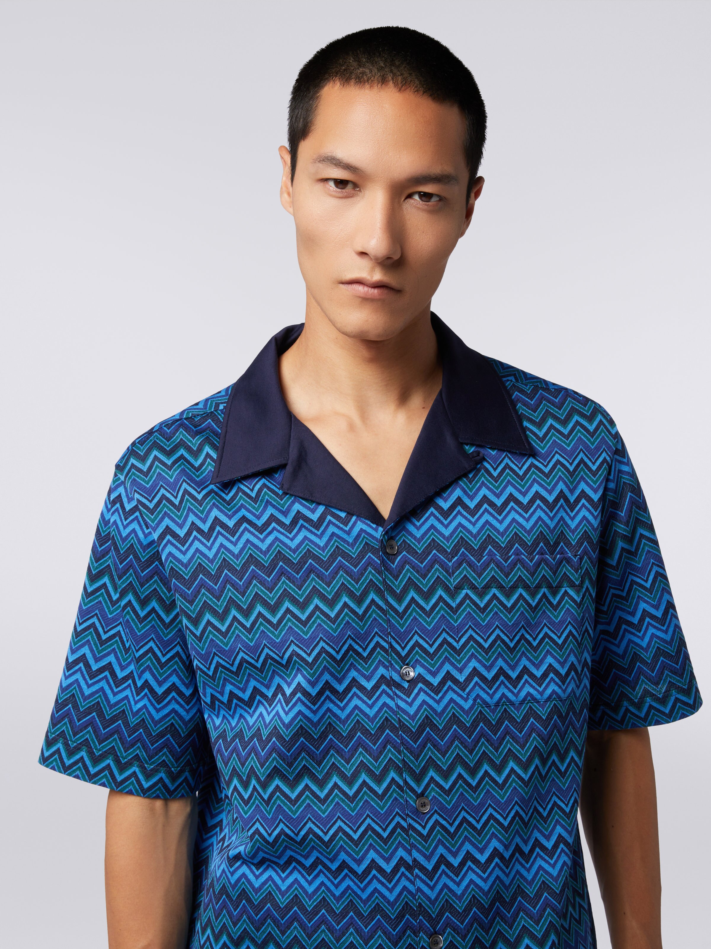 Short-sleeved jacquard knit cotton jersey shirt, Blue - 4