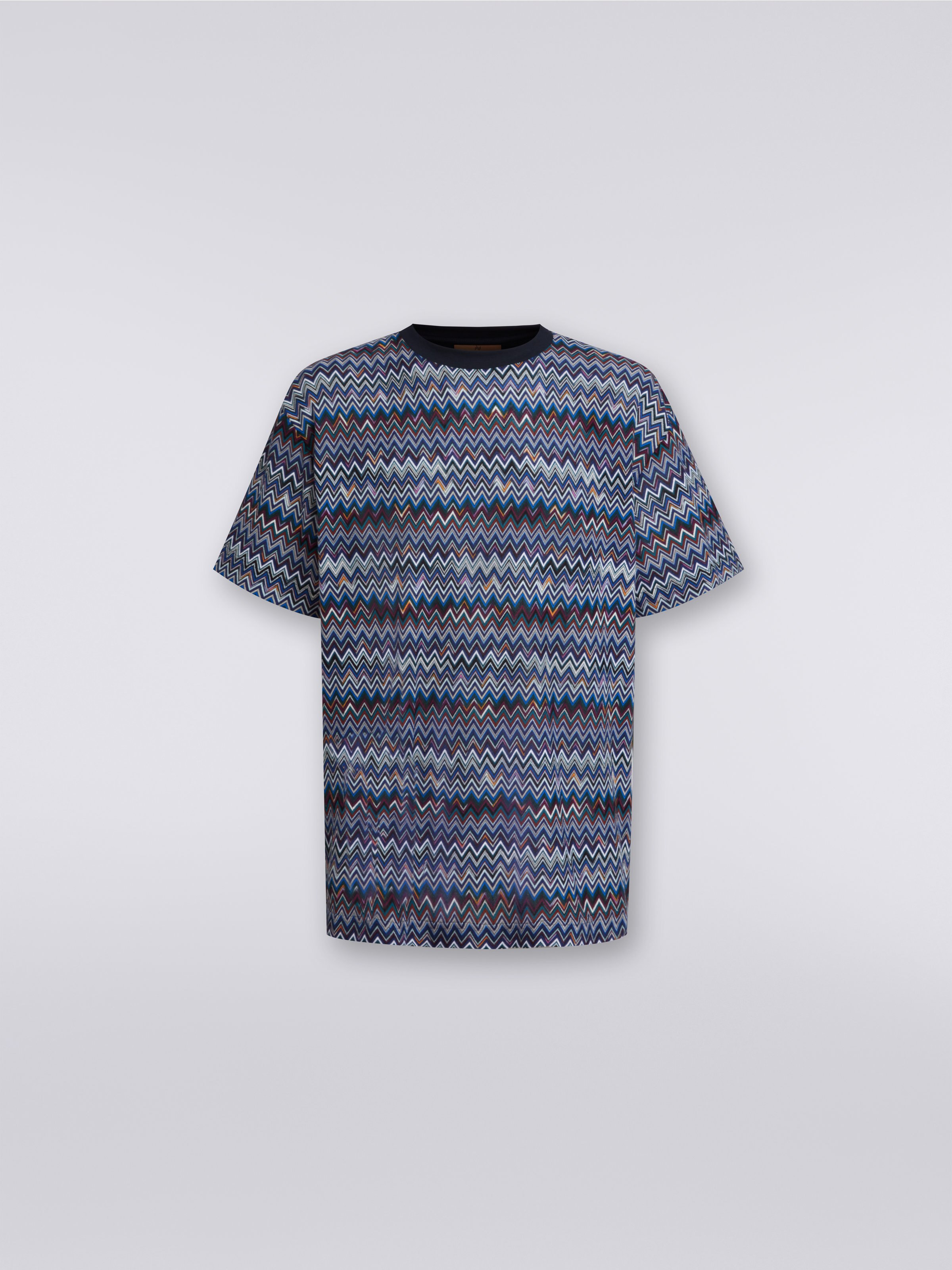 Cotton and viscose chevron crew-neck T-shirt, Navy Blue  - 0