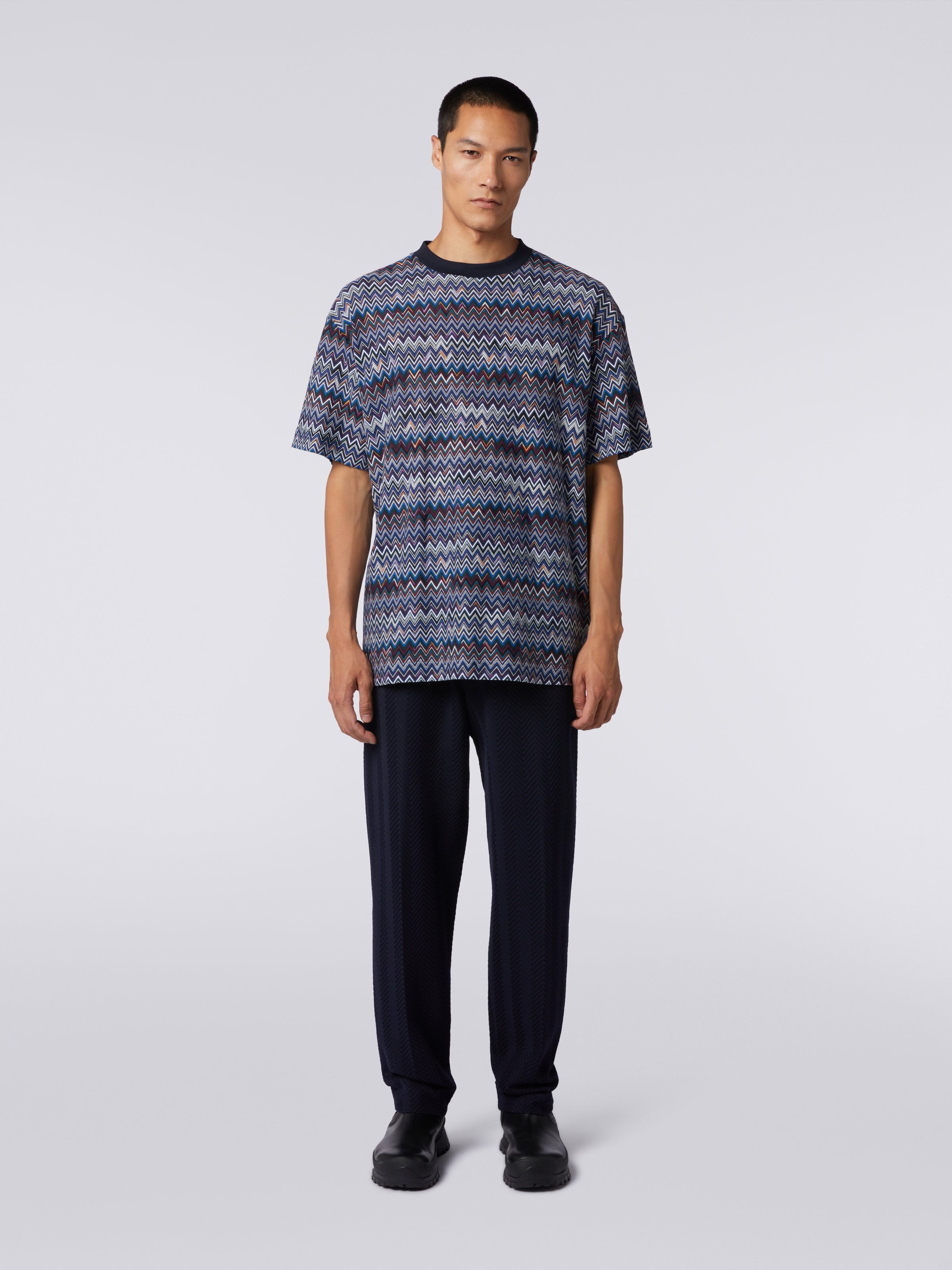 Cotton and viscose chevron crew-neck T-shirt, Navy Blue  - 1