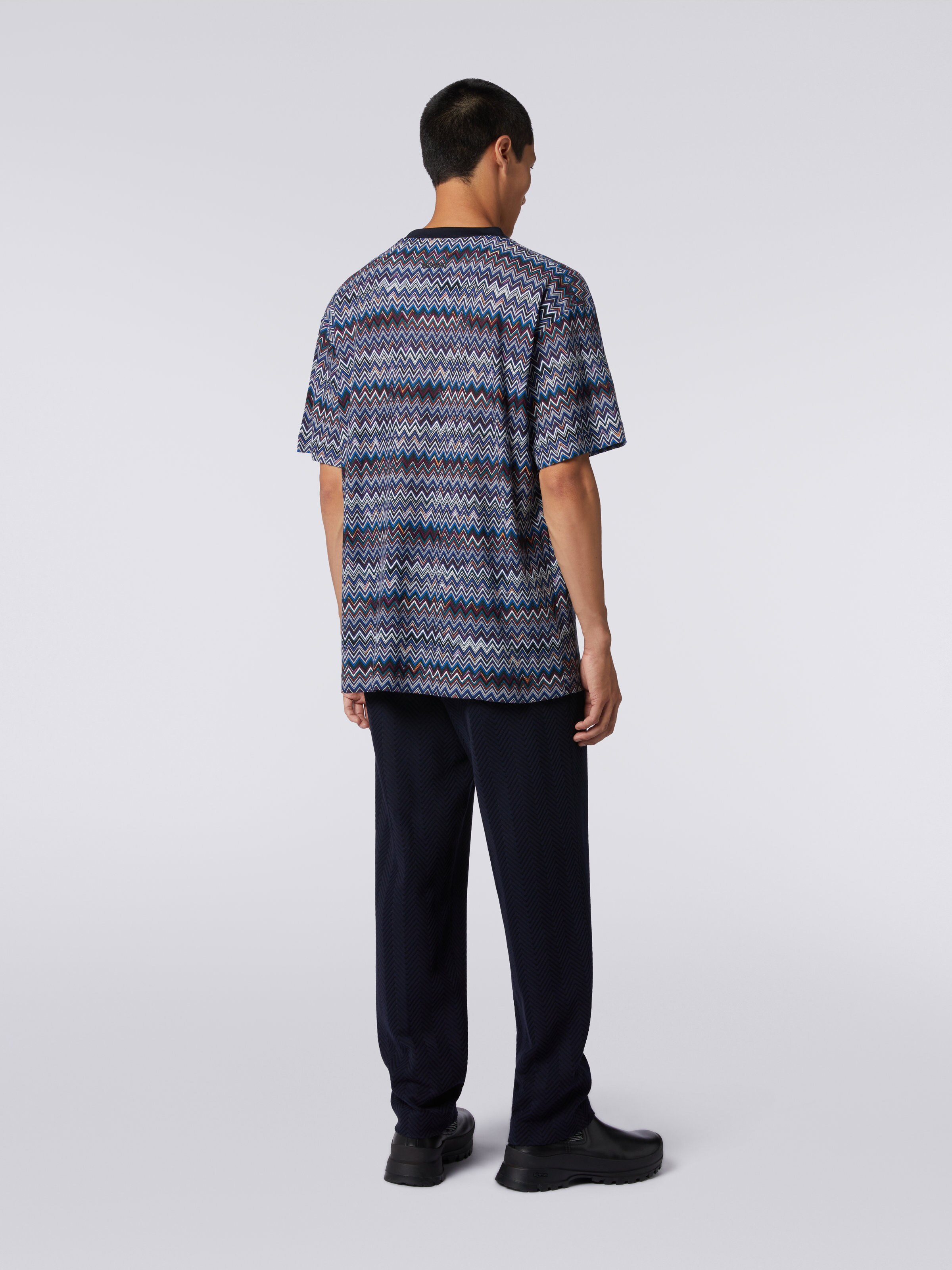 Cotton and viscose chevron crew-neck T-shirt, Navy Blue  - 2