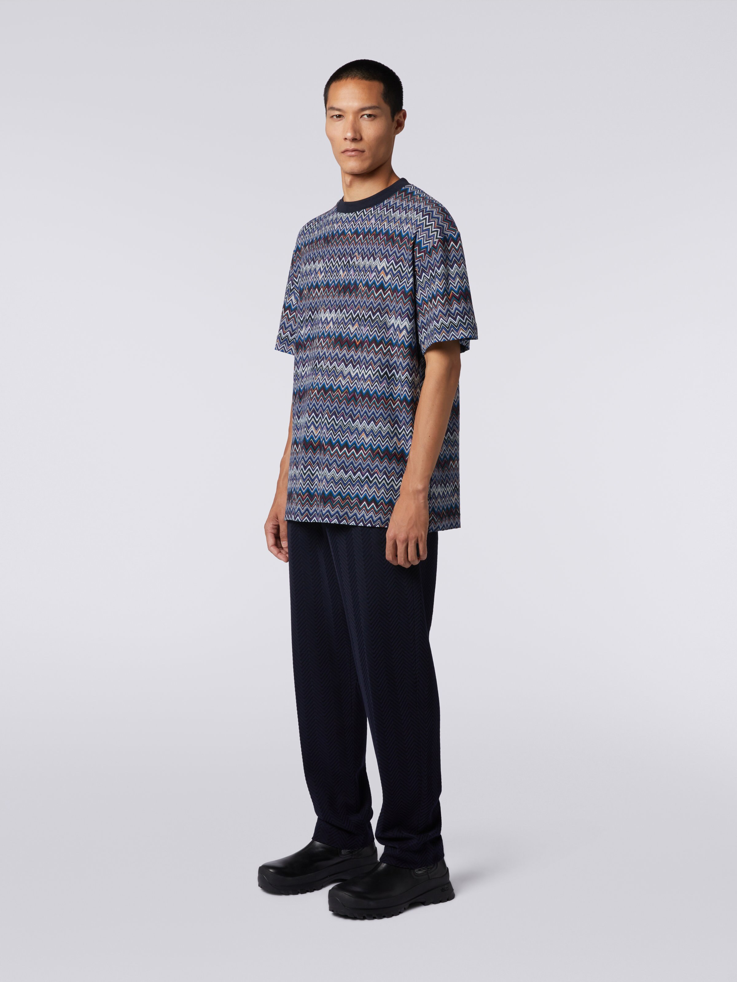 Cotton and viscose chevron crew-neck T-shirt, Navy Blue  - 3