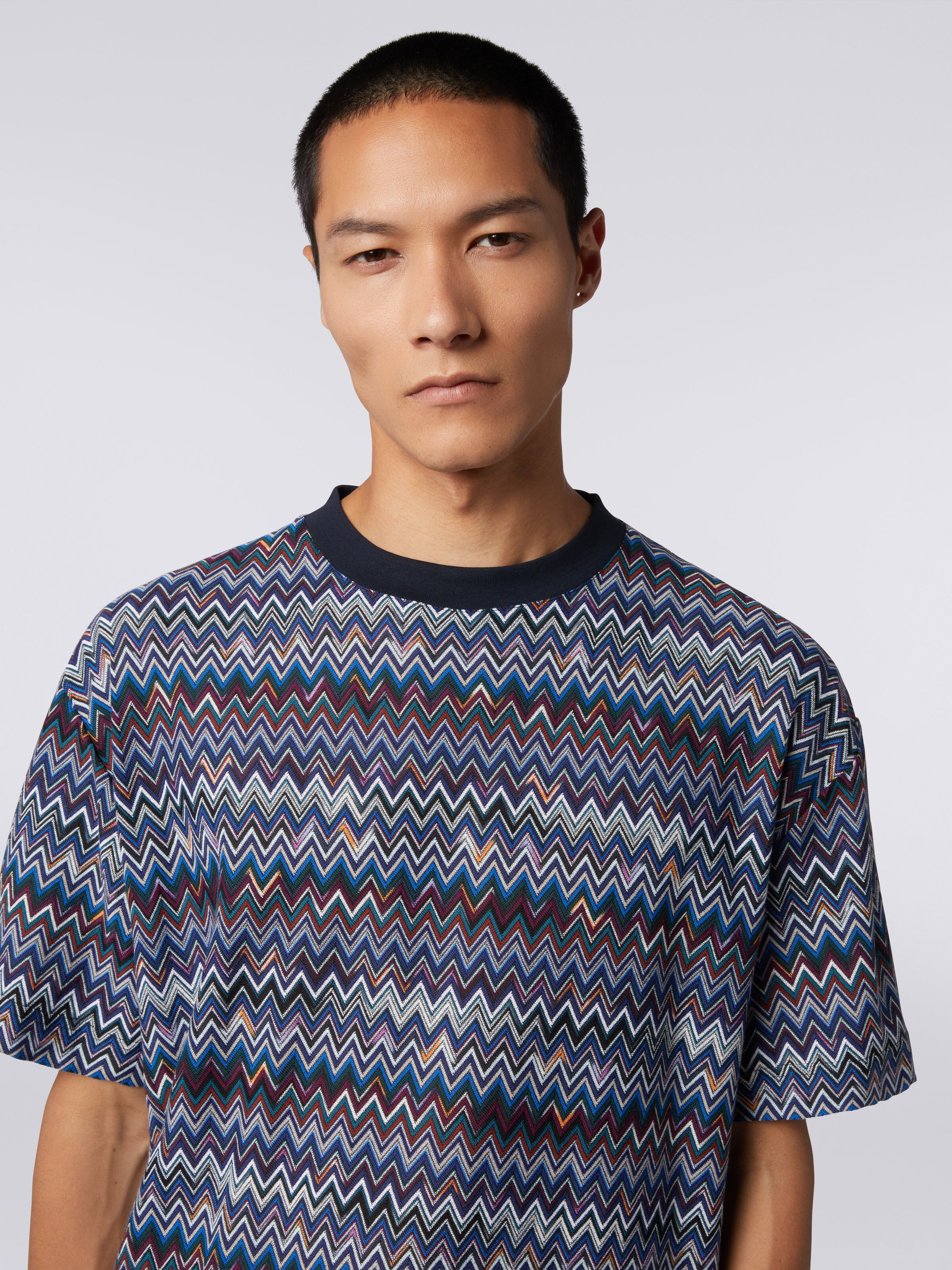 Cotton and viscose chevron crew-neck T-shirt, Navy Blue  - 4