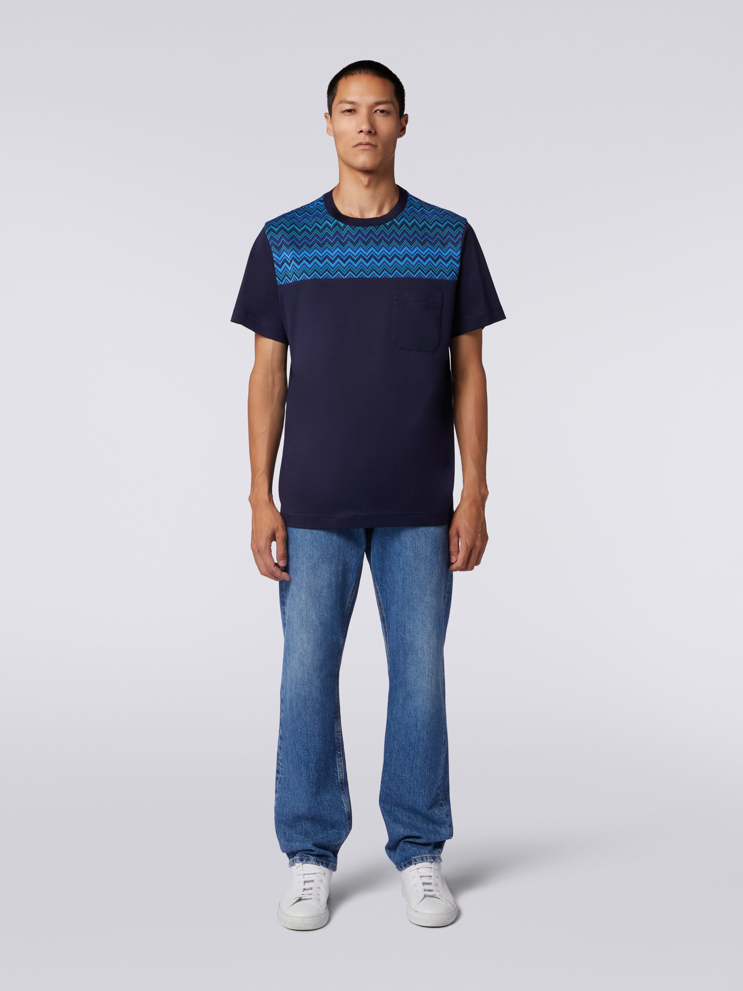 Cotton jersey T-shirt with zigzag insert, Blue - 1