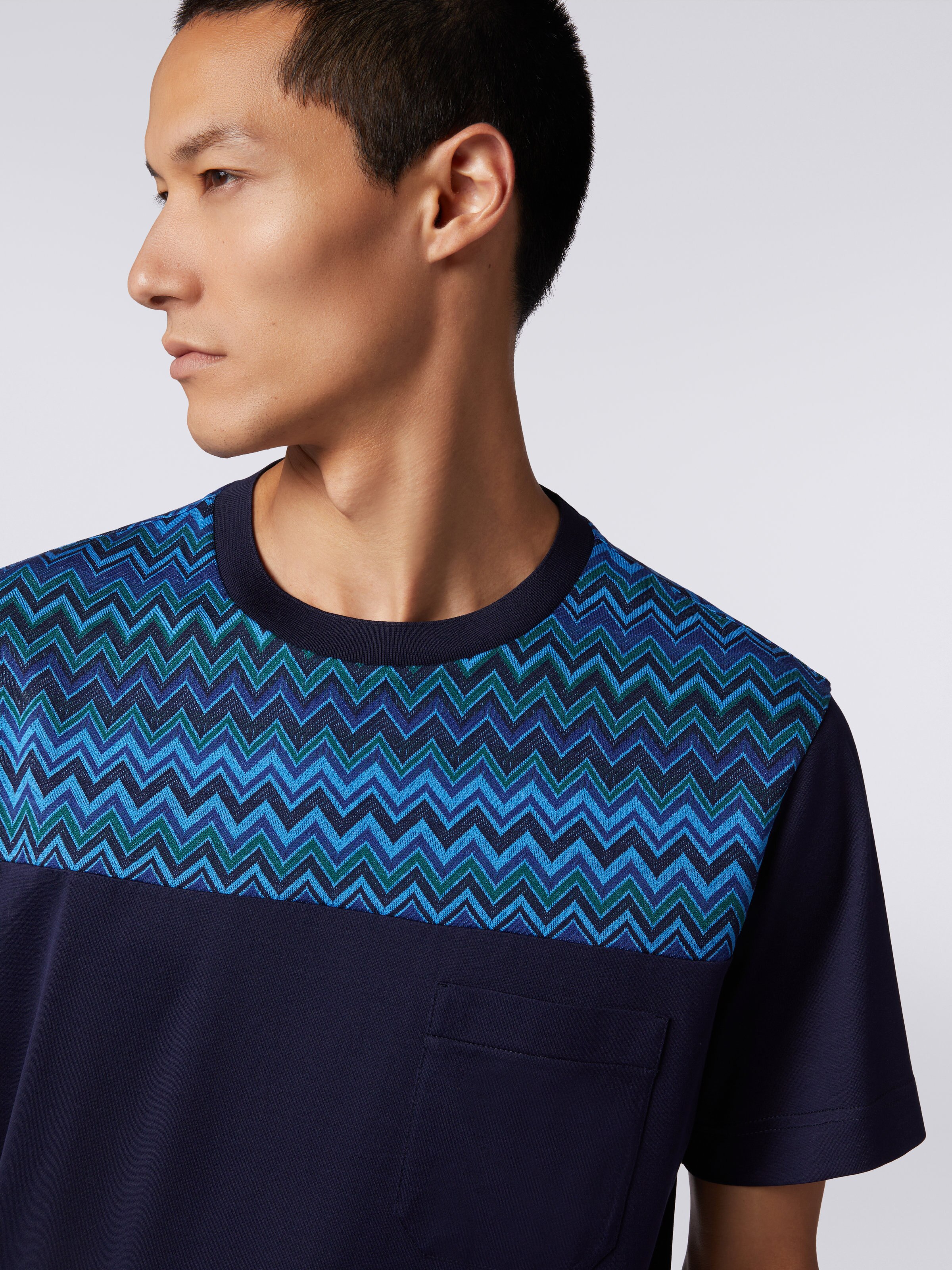 Cotton jersey T-shirt with zigzag insert, Blue - 4