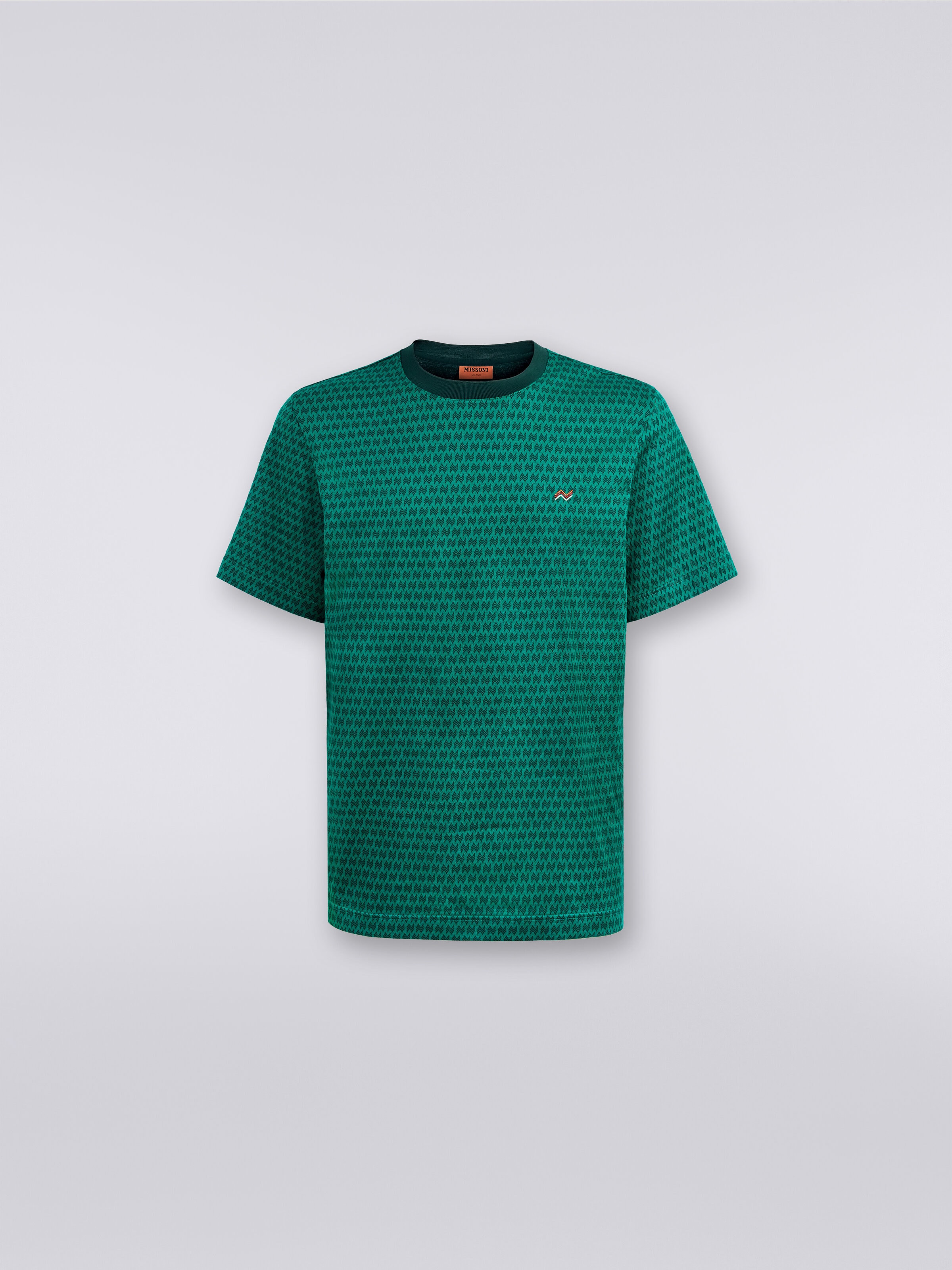 Camiseta de cuello redondo de algodón con bordados, Verde  - 0