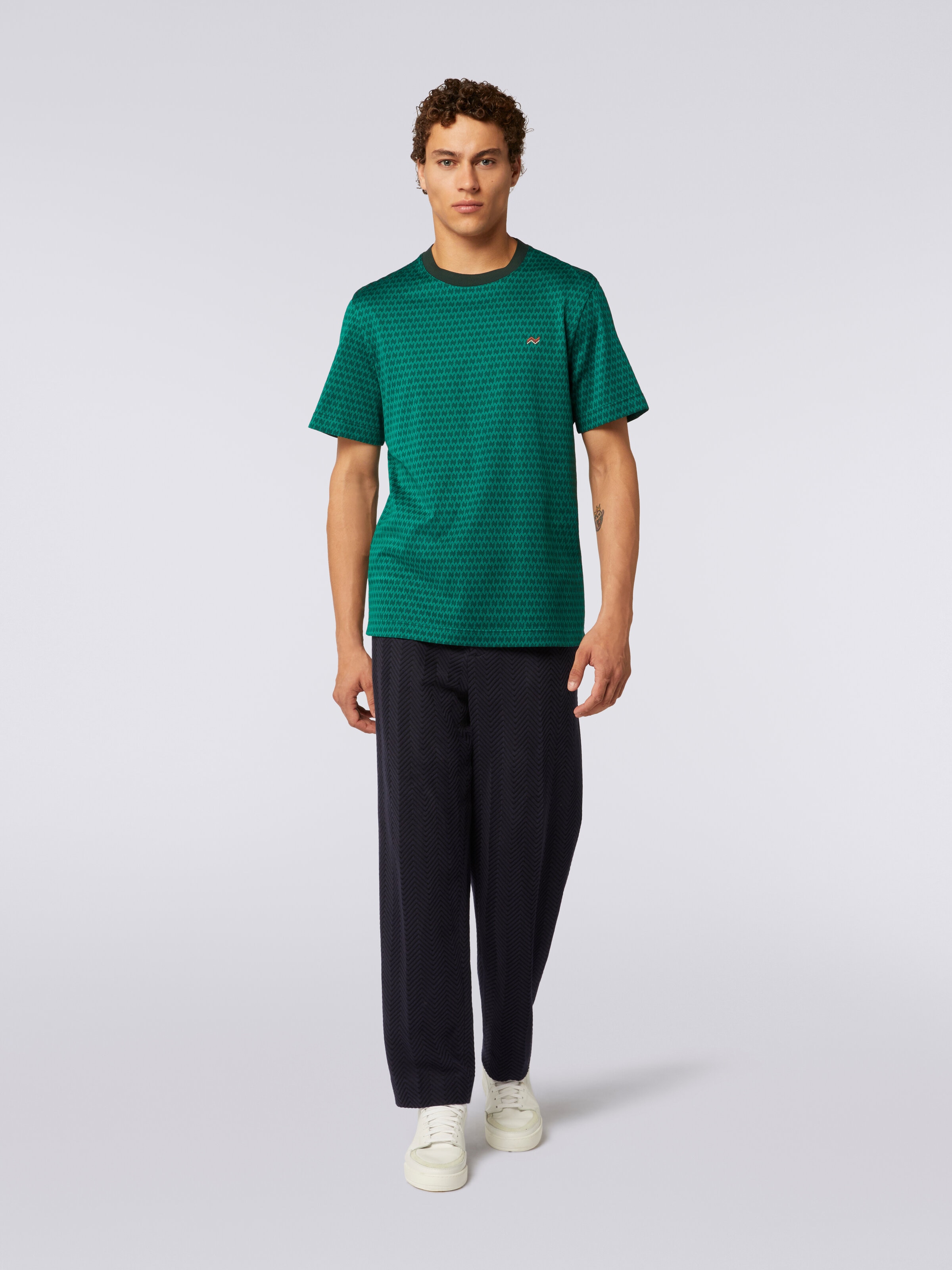 Camiseta de cuello redondo de algodón con bordados, Verde  - 1