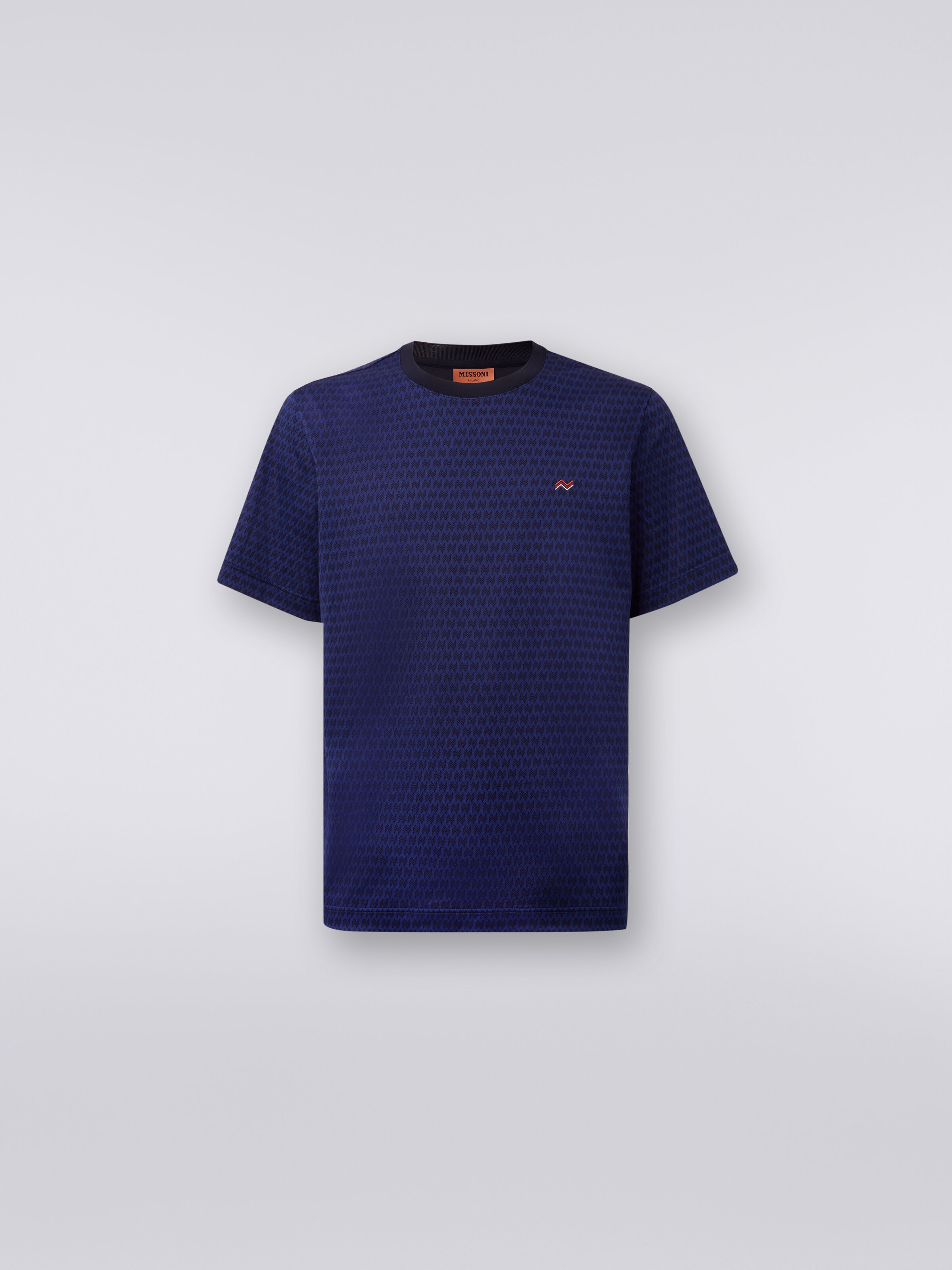 Camiseta de cuello redondo de algodón con bordados, Azul Oscuro - 0