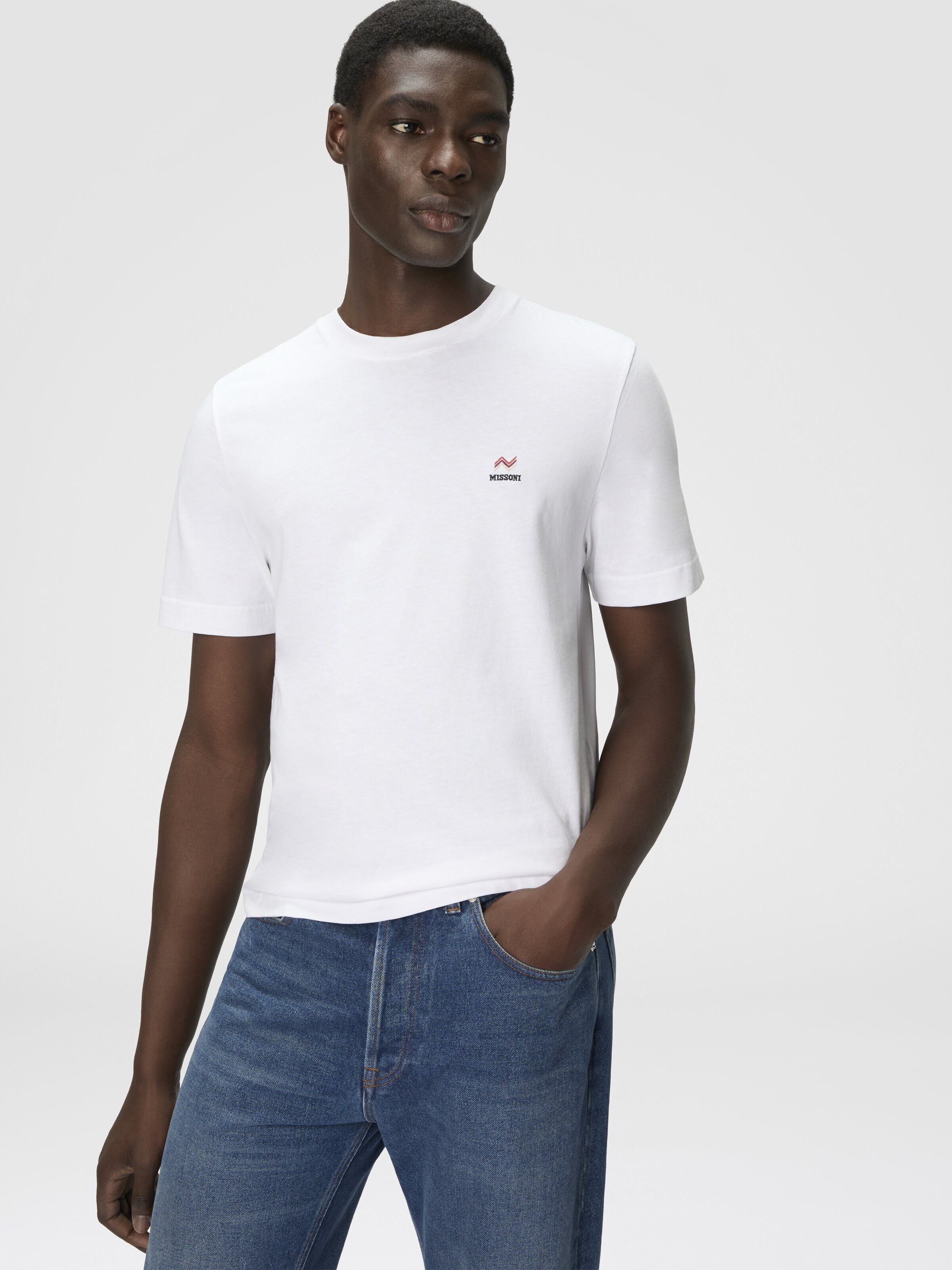 T-shirt col rond en coton avec broderie et logo, Blanc  - 3
