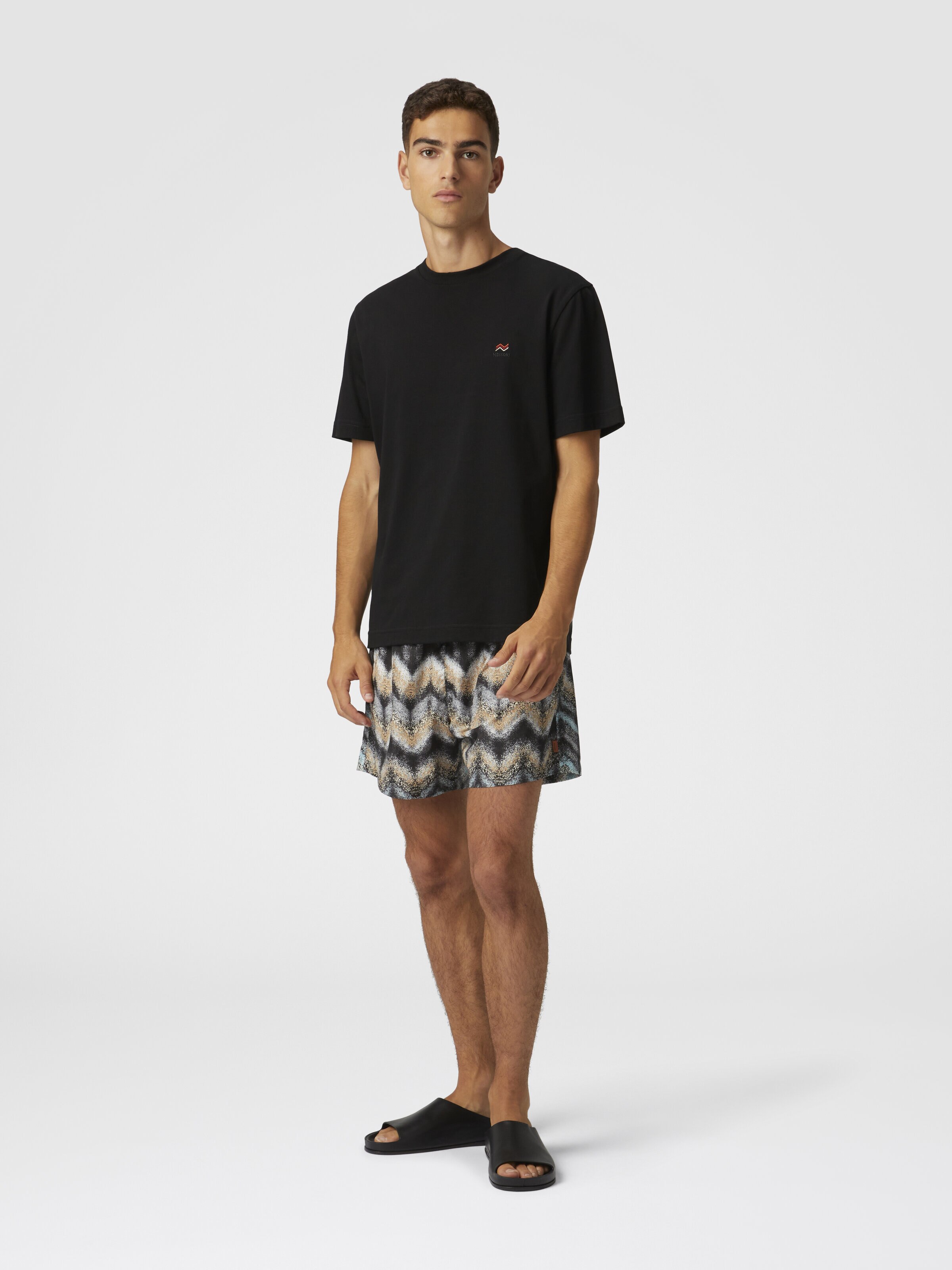 T-shirt col rond en coton avec broderie et logo, Noir    - 1