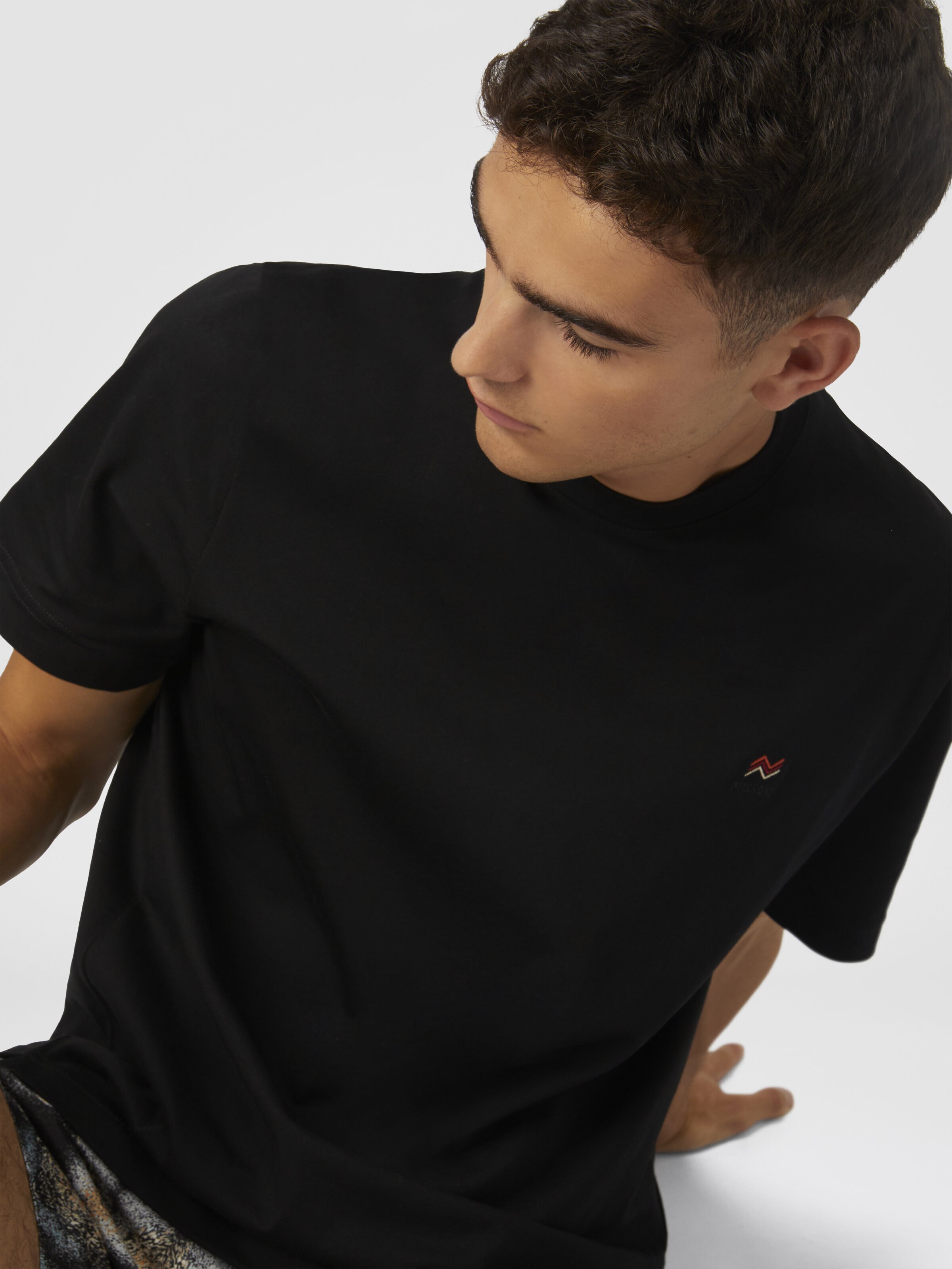 T-shirt col rond en coton avec broderie et logo, Noir    - 3