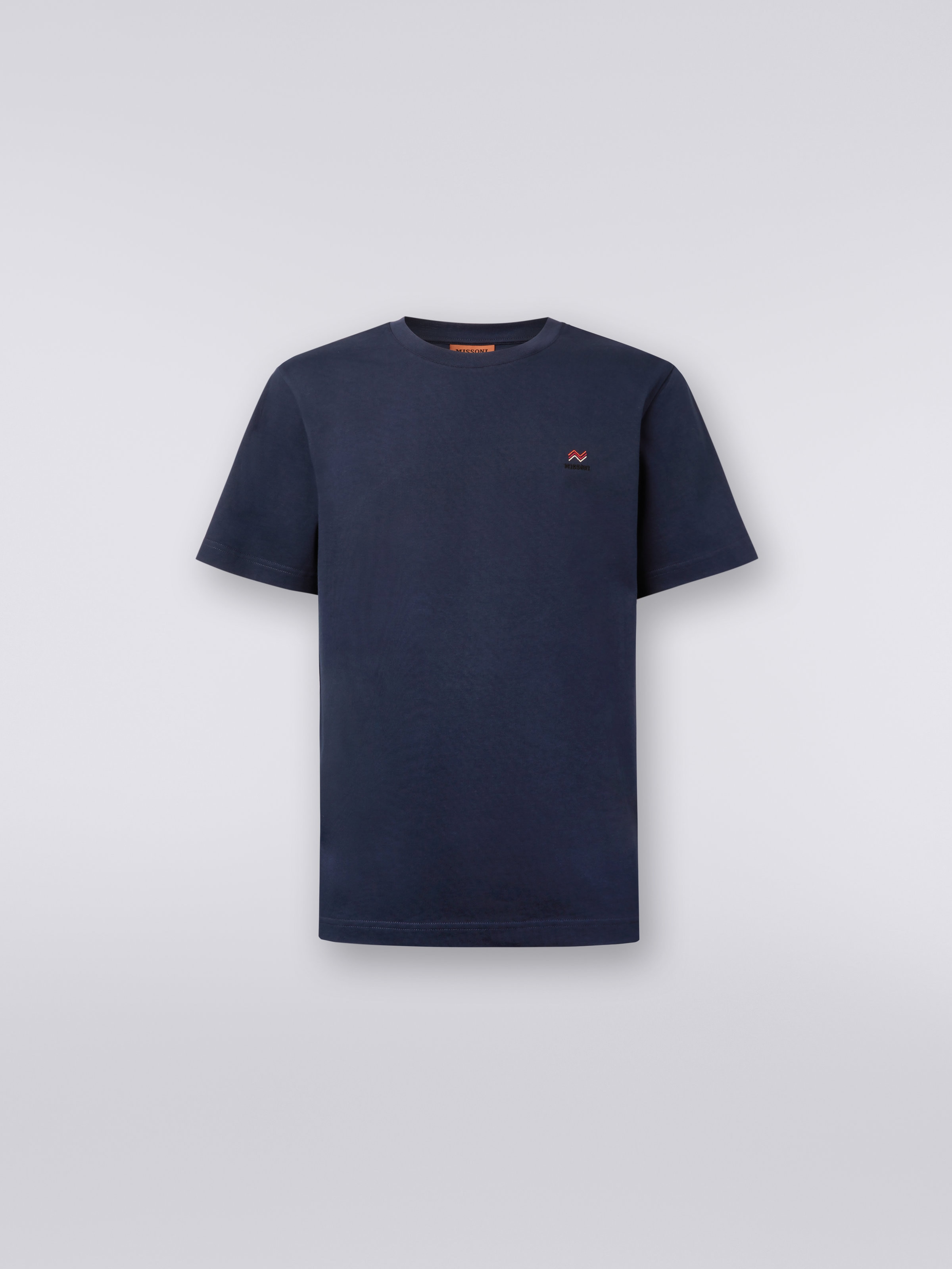 Crew-neck cotton T-shirt with embroidery and logo, Blue - 0
