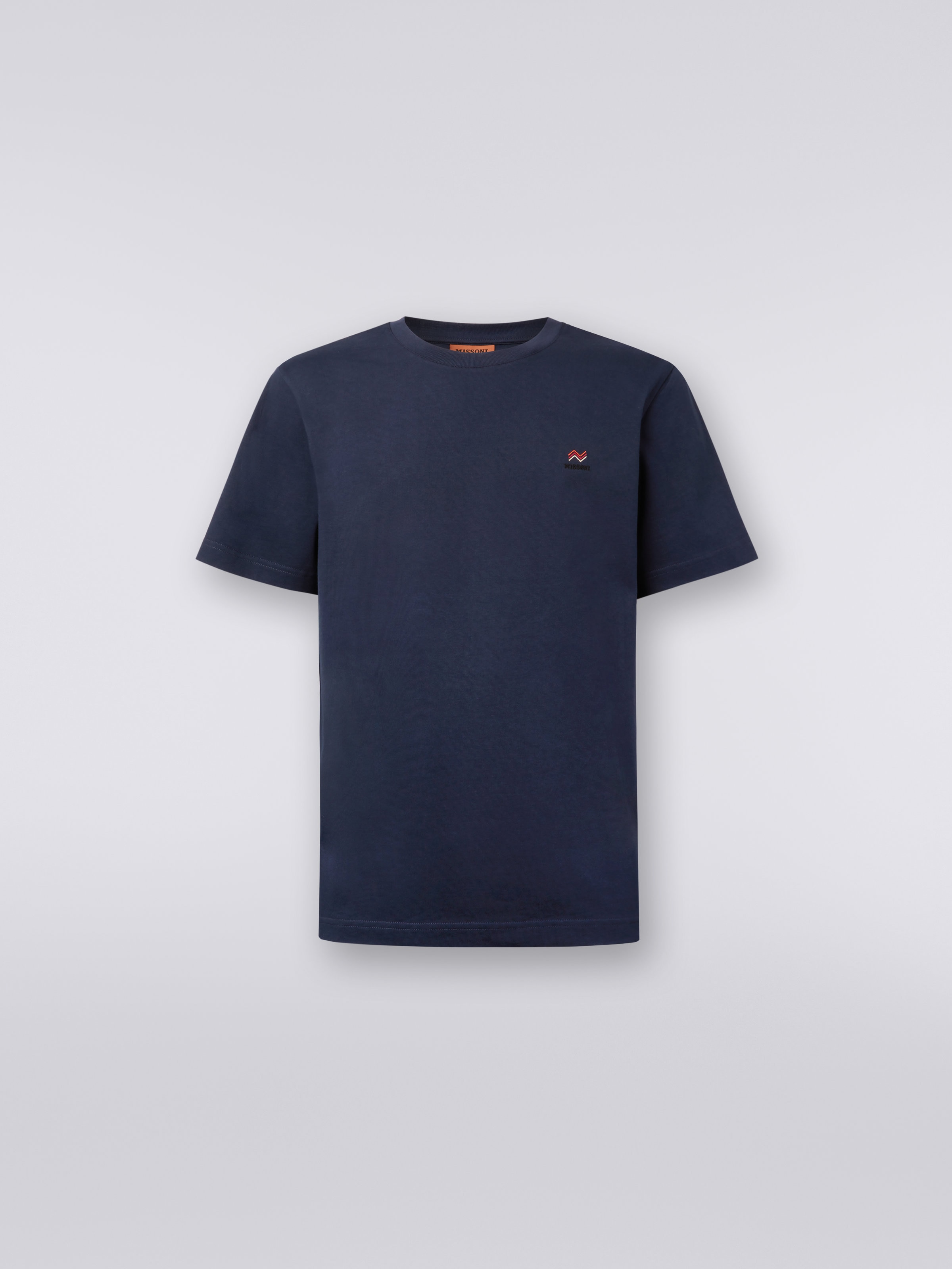 T-shirt col rond en coton avec broderie et logo, Bleu - 0