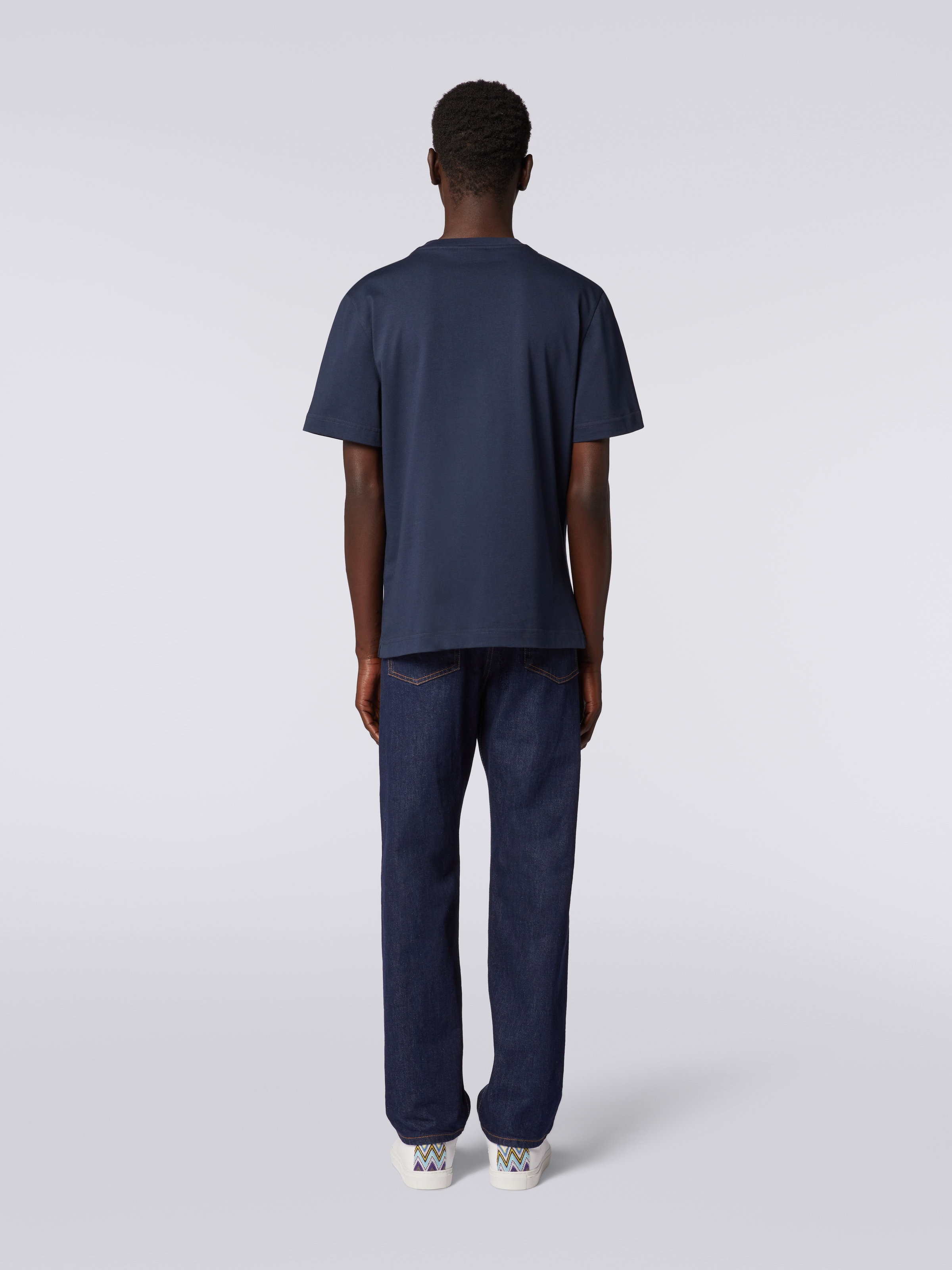 T-shirt col rond en coton avec broderie et logo, Bleu - 3