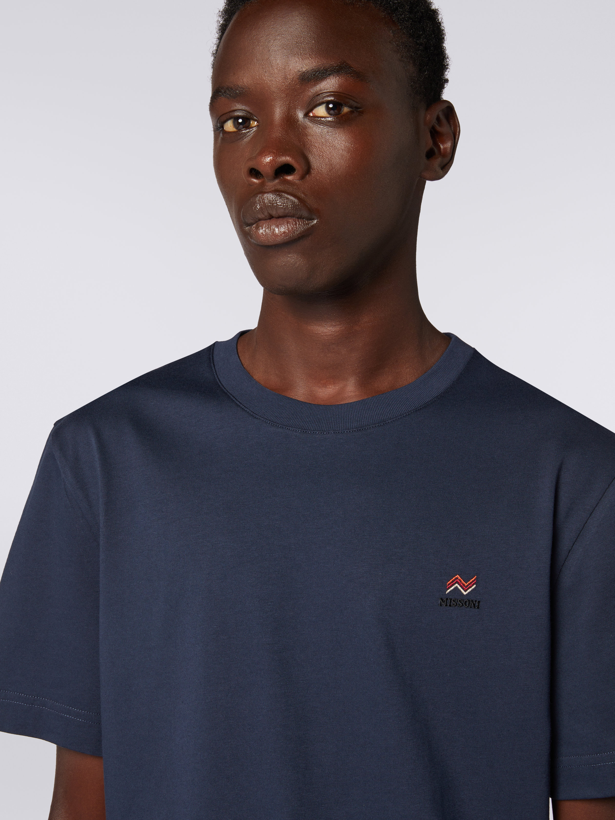 T-shirt col rond en coton avec broderie et logo, Bleu - 4