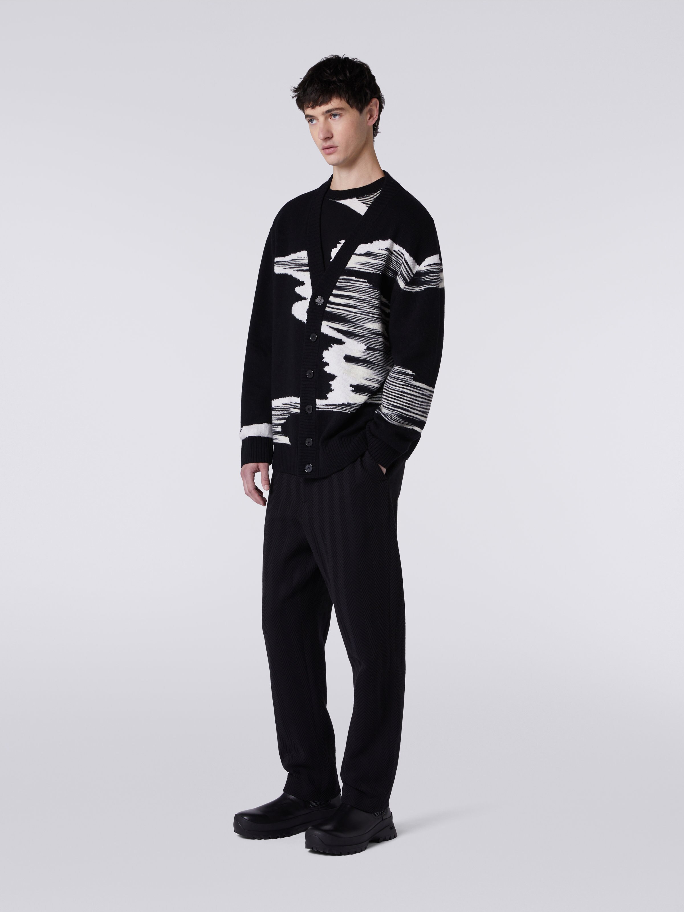 Wool knit cardigan with slub inlay, Black & White - 2