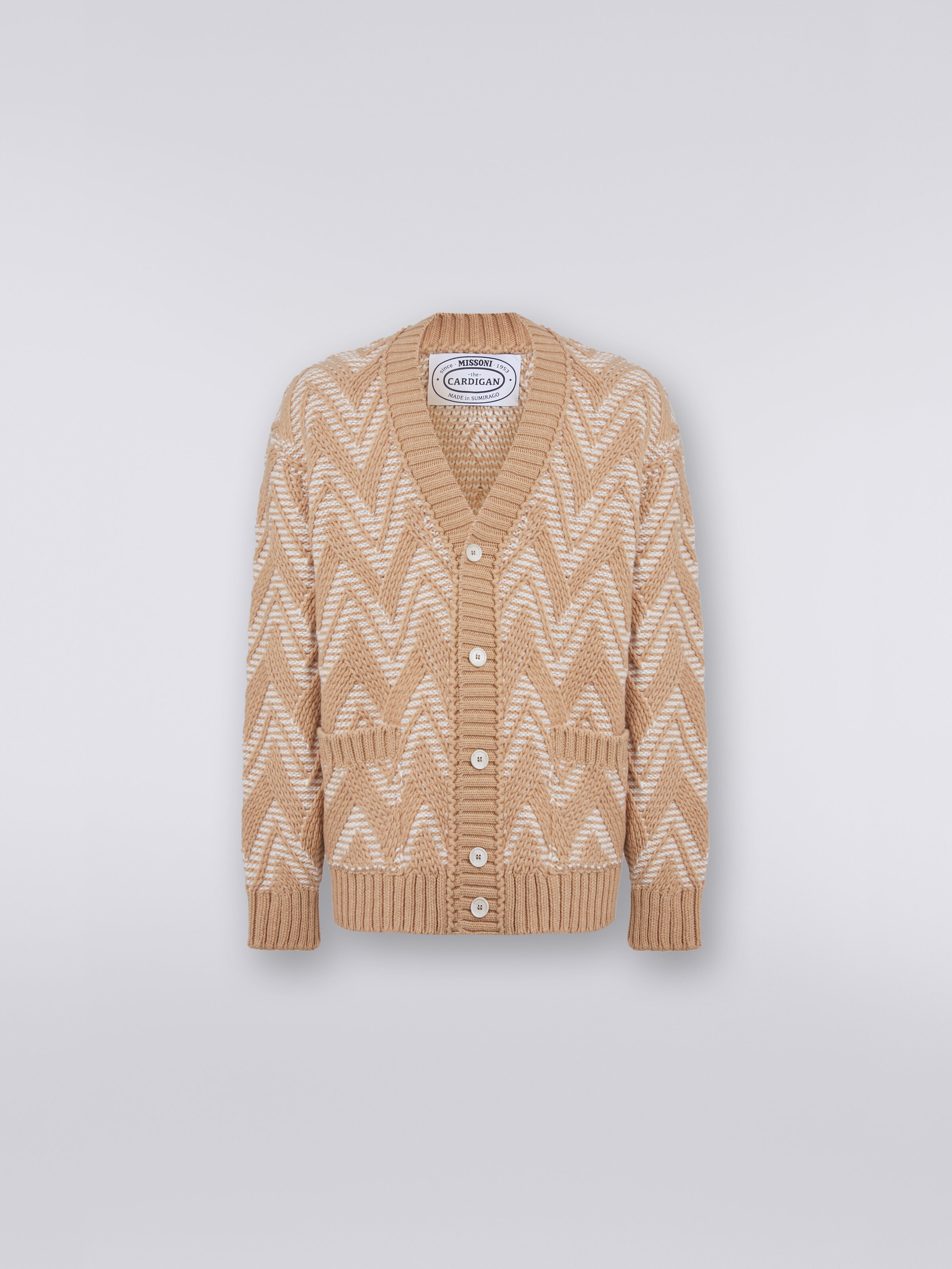 Wool cardigan with two-tone zigzag, Multicoloured  - 0