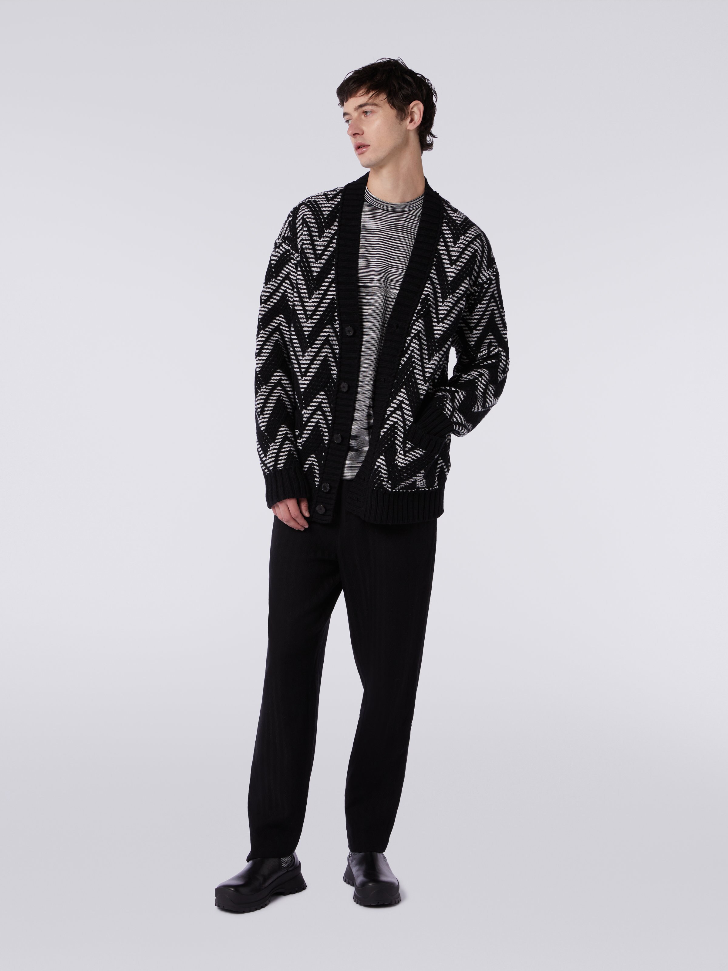 Wool cardigan with two-tone zigzag, Black & White - 1