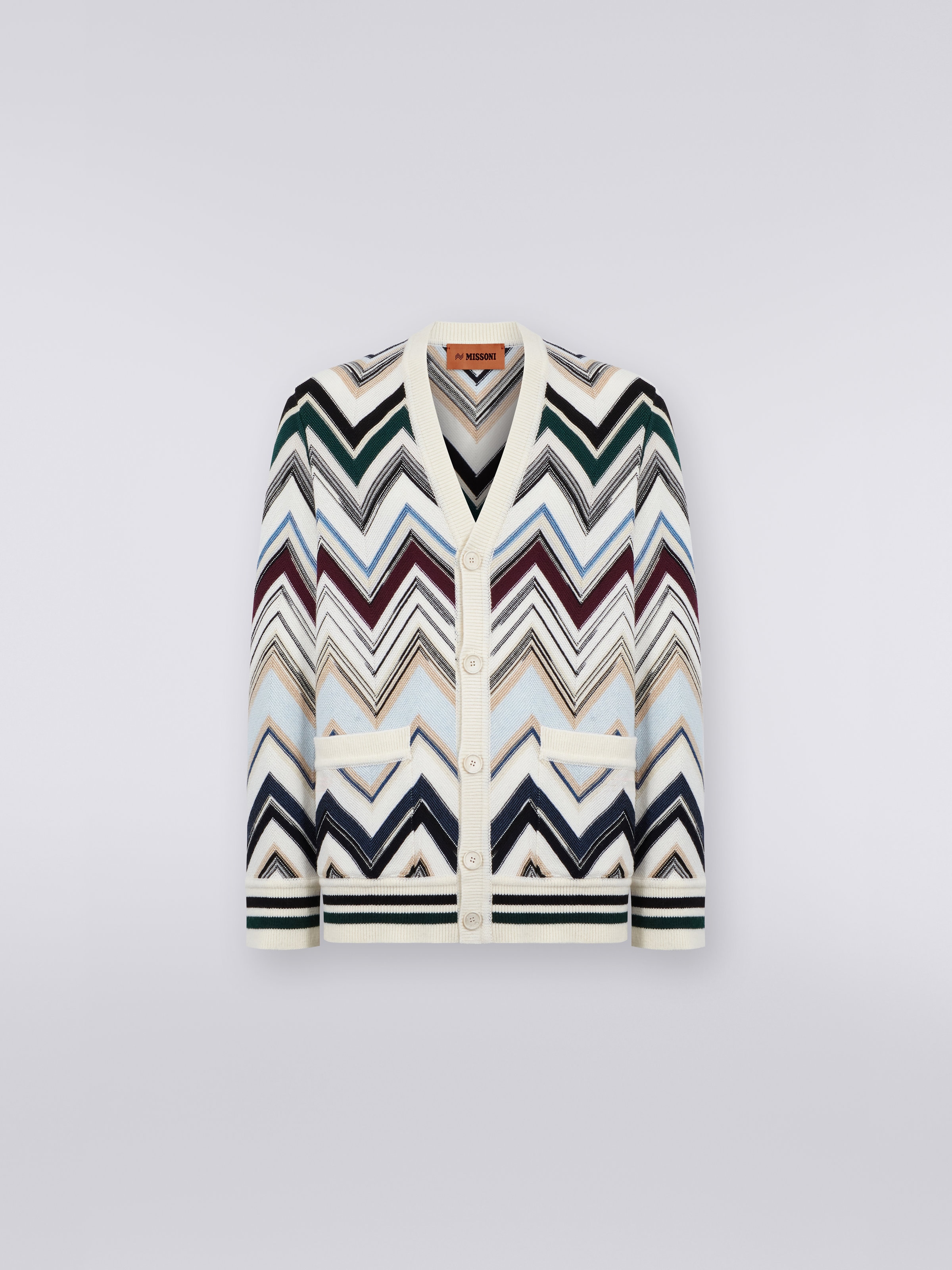 Zigzag wool and cotton knit cardigan, Multicoloured  - 0