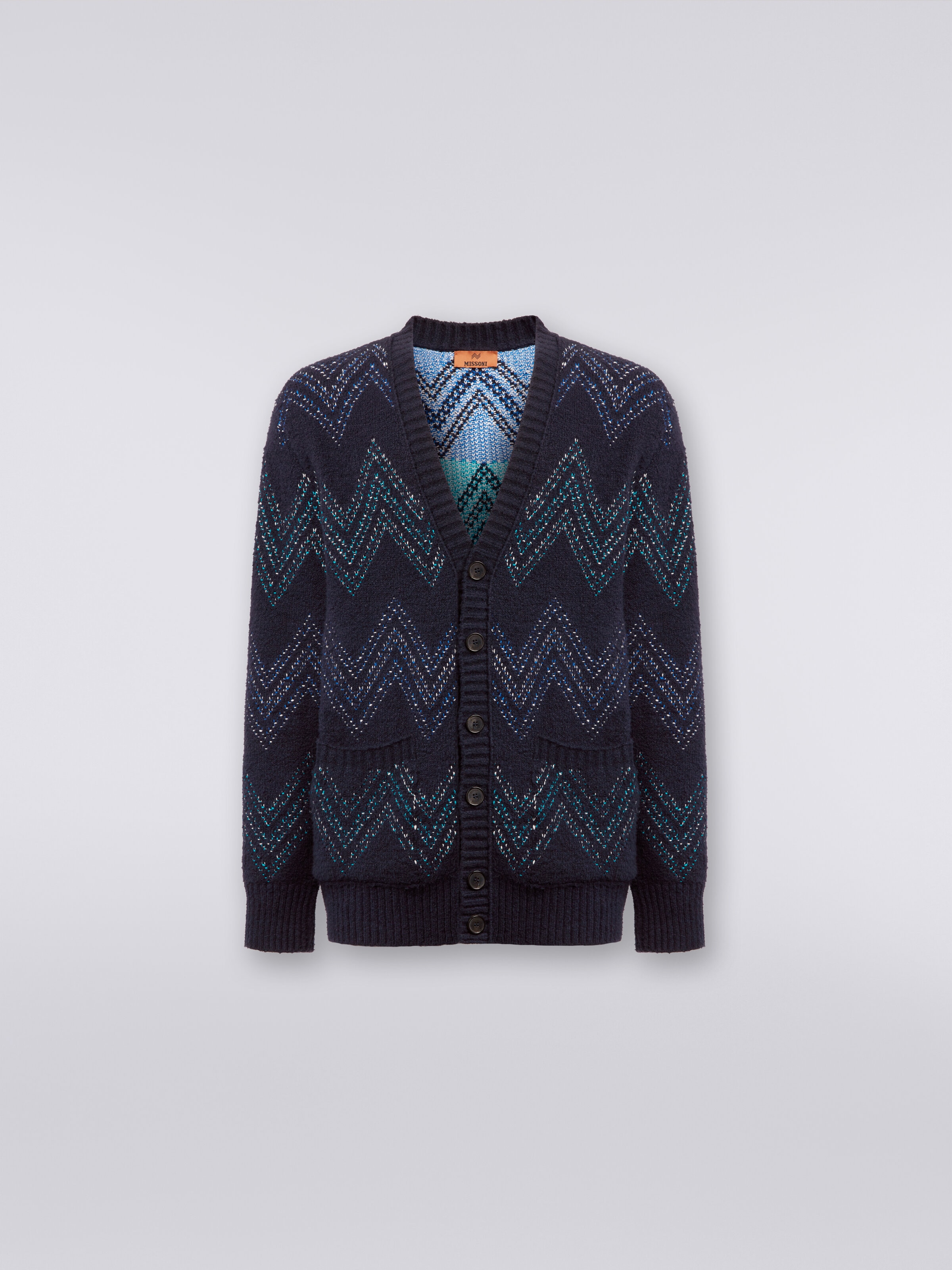 Zigzag cotton blend V-neck cardigan, Navy Blue  - 0