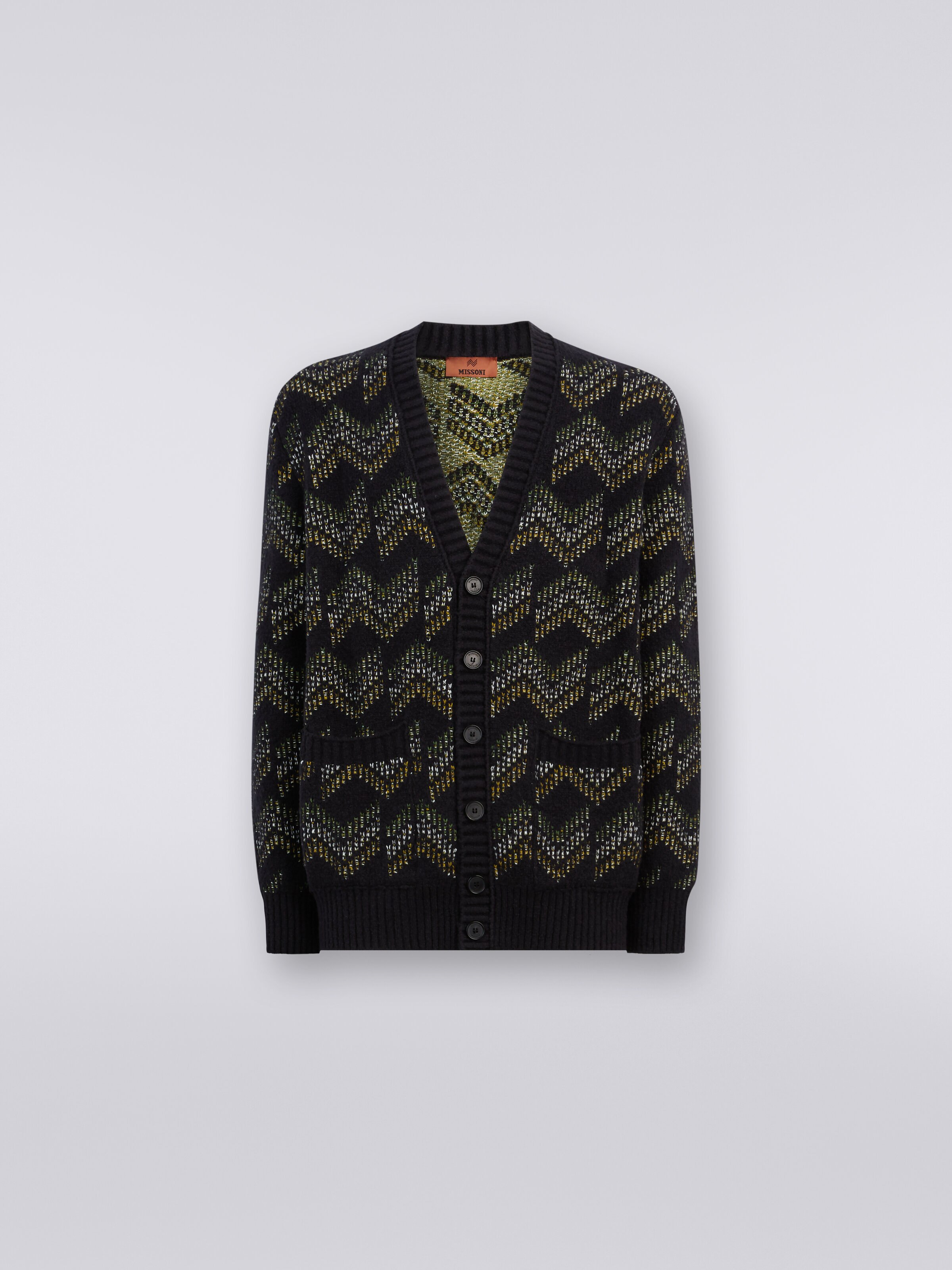 Cotton blend V-neck cardigan, Green & Black - 0
