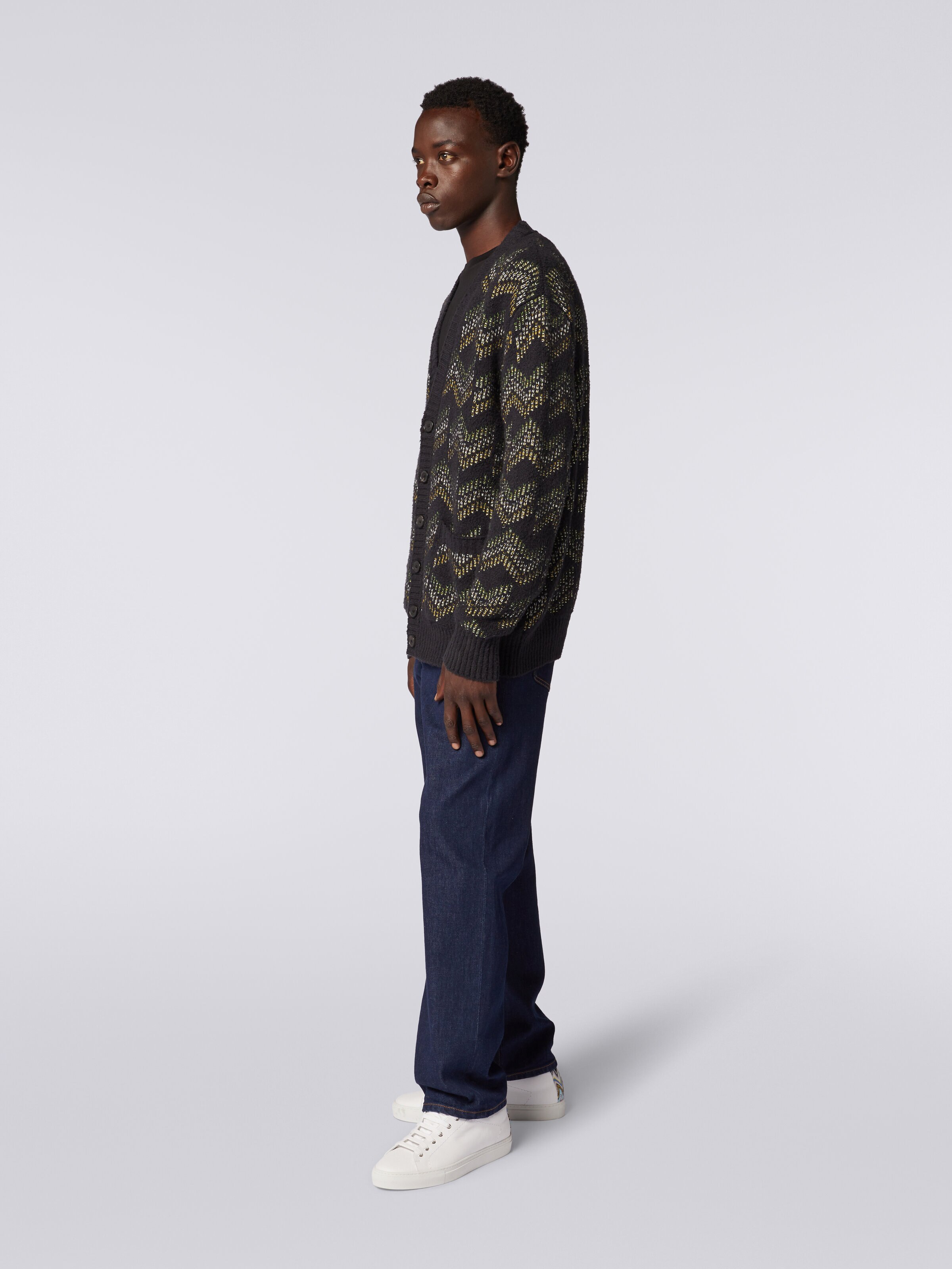 Cotton blend V-neck cardigan, Green & Black - 2