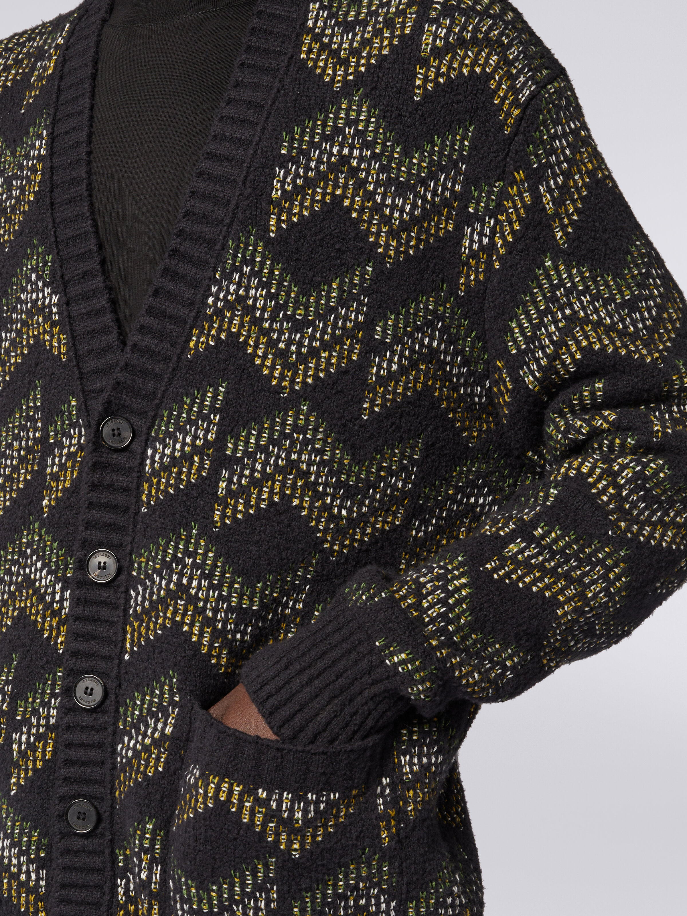 Cotton blend V-neck cardigan, Green & Black - 4