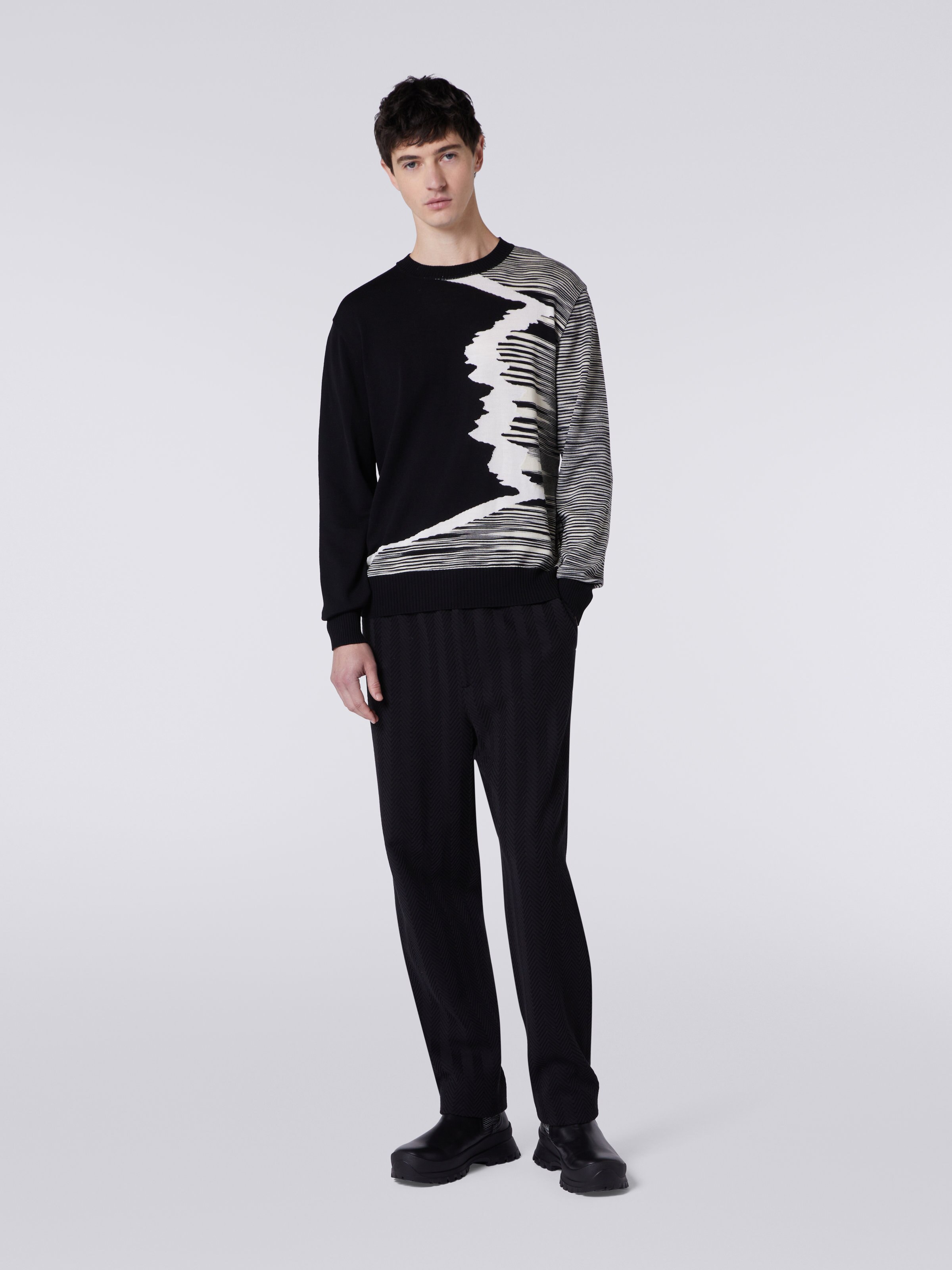 Wool crew-neck jumper with inlay details , Black & White - 1