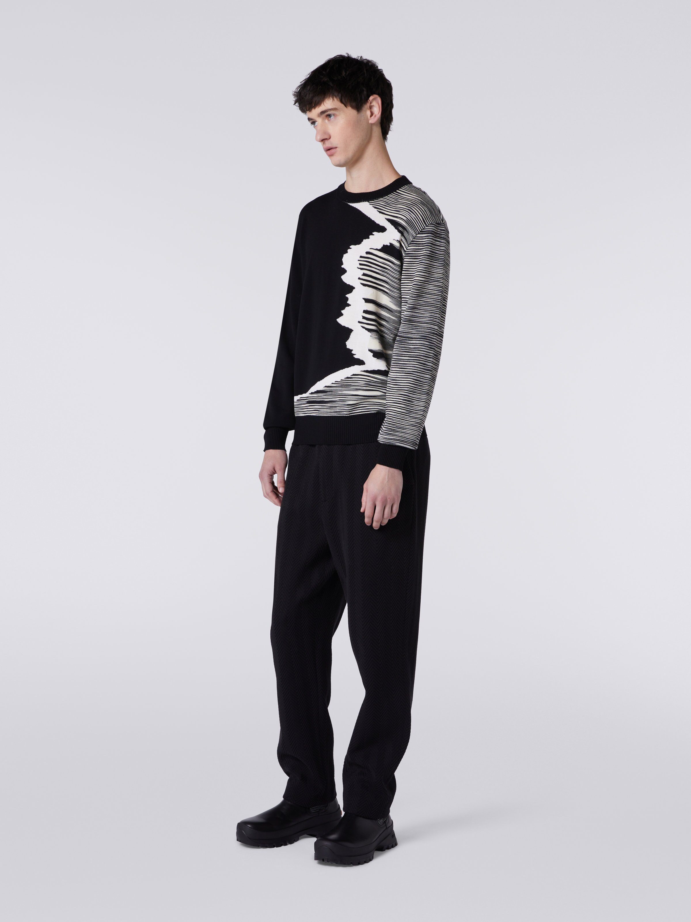 Wool crew-neck jumper with inlay details , Black & White - 2