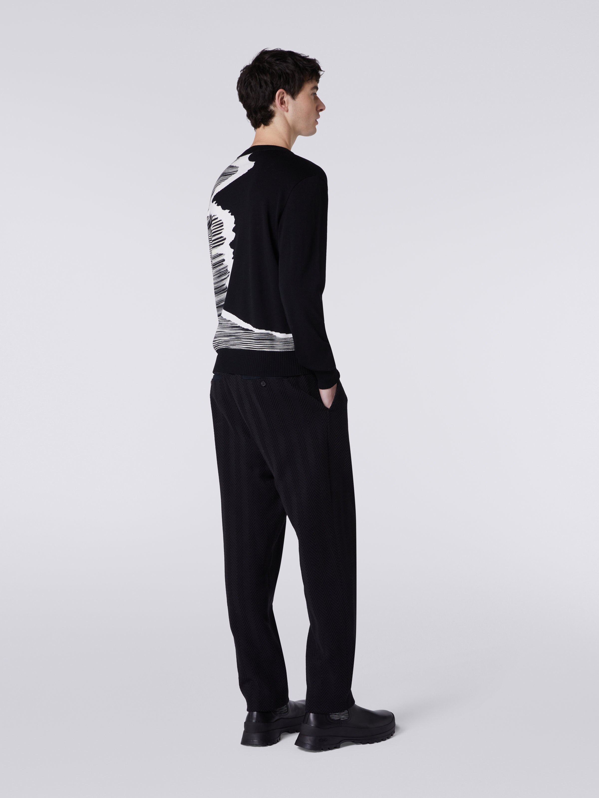 Wool crew-neck jumper with inlay details , Black & White - 3