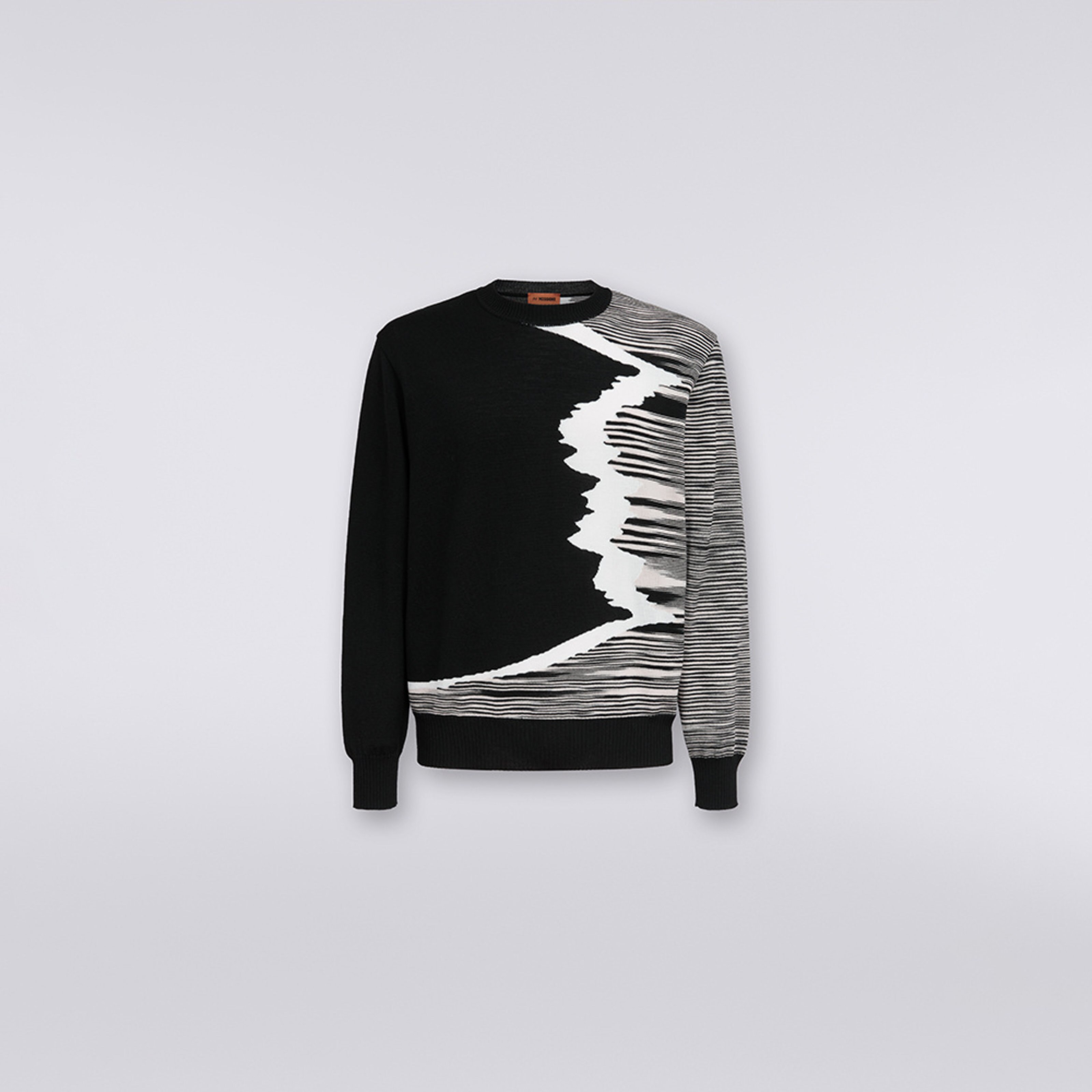 Wool crew-neck jumper with inlay details , Black & White - 5
