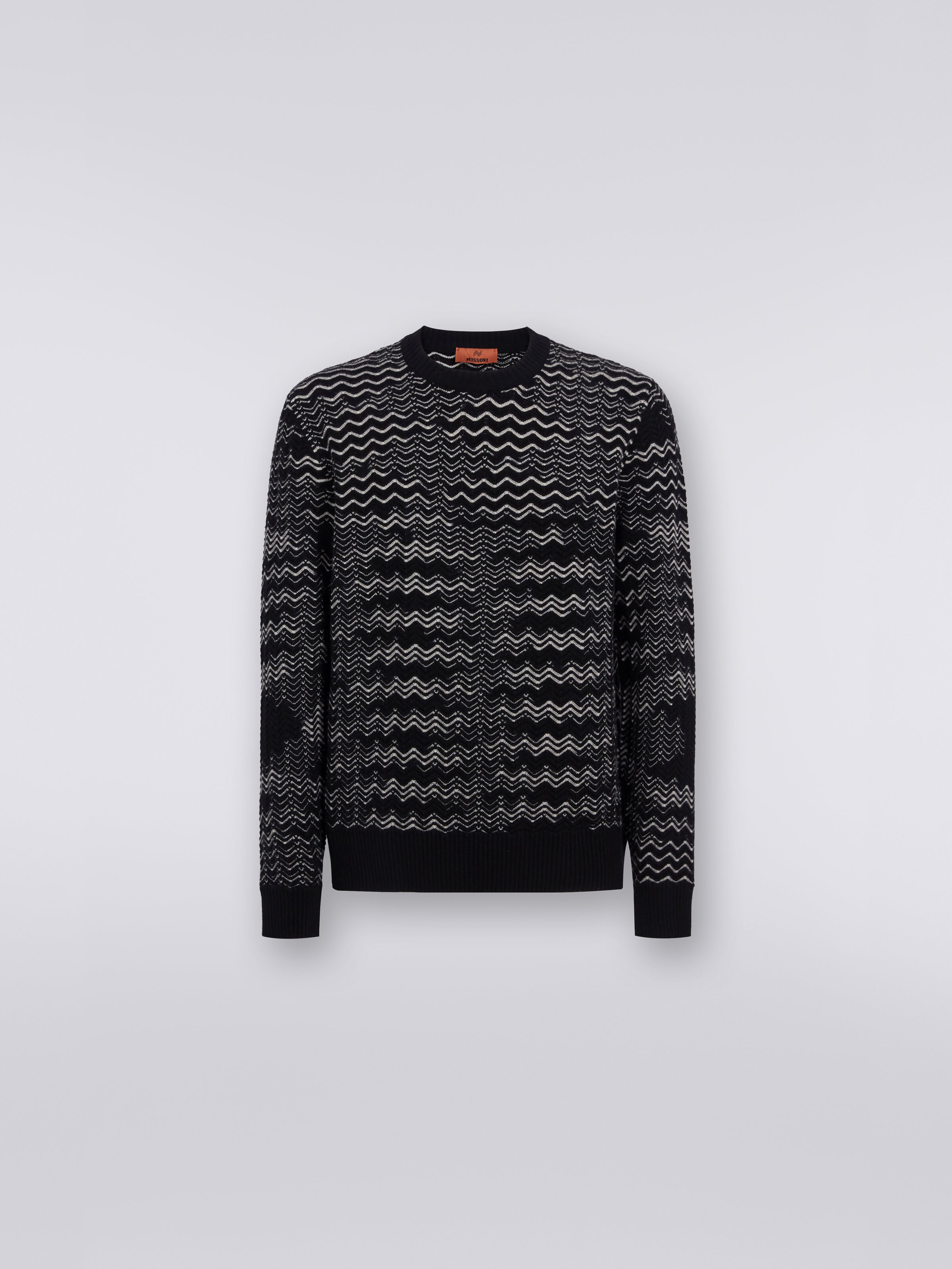 Slub wool blend crew-neck jumper, Black & White - 0