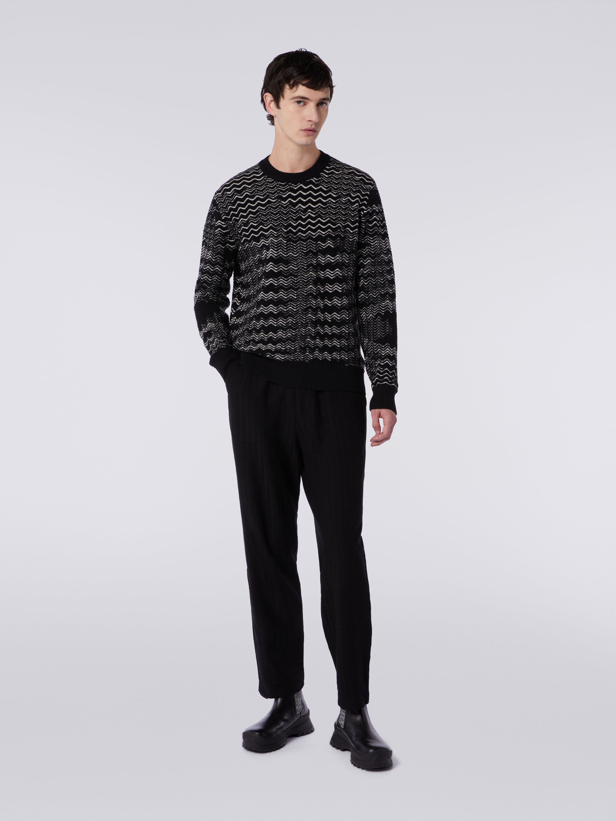 Slub wool blend crew-neck jumper, Black & White - 1