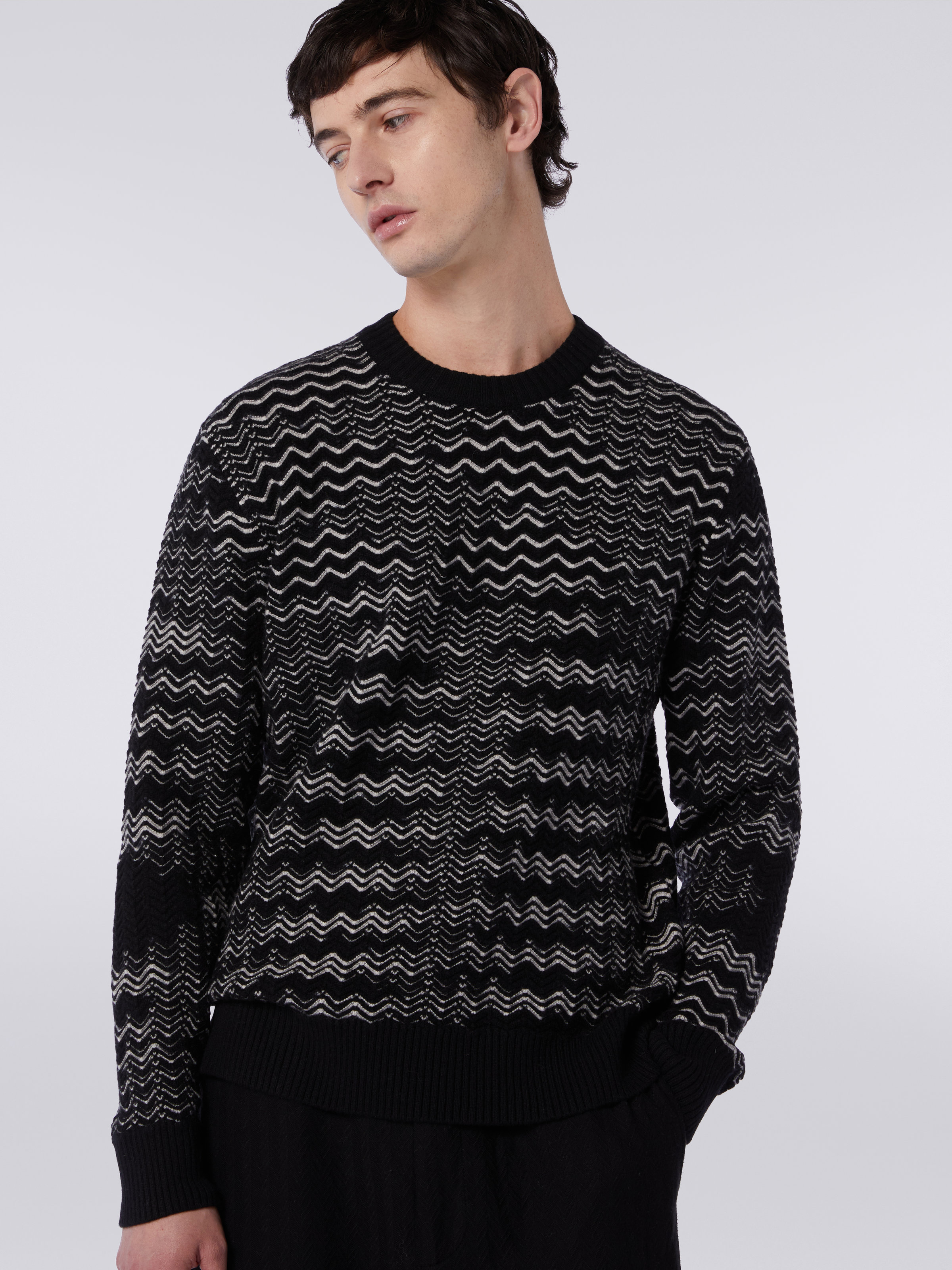 Slub wool blend crew-neck jumper, Black & White - 4