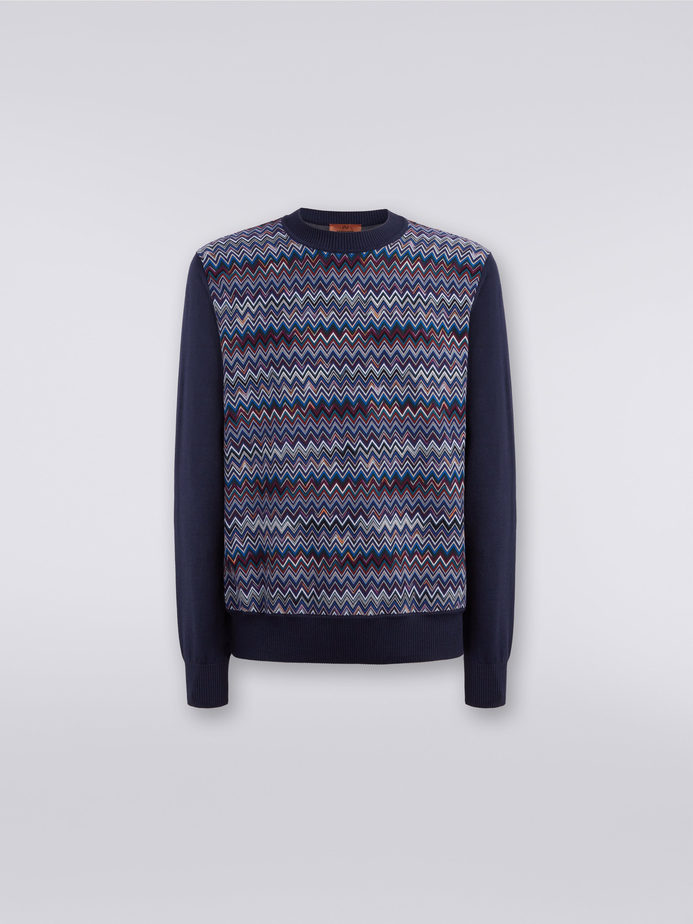 Cotton, silk and viscose chevron crew-neck pullover, Navy Blue  - 0