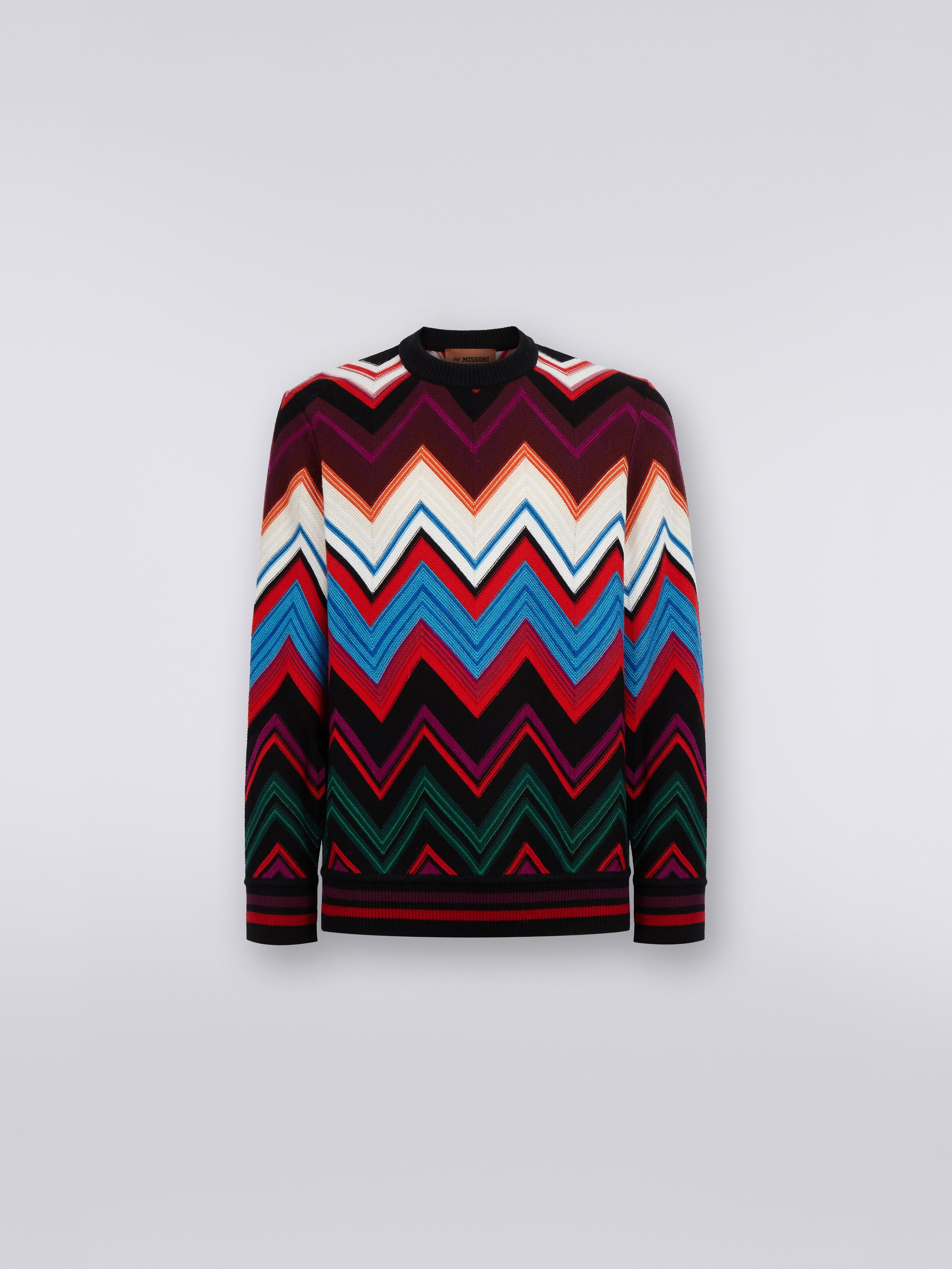 Crew-neck pullover in wool and cotton with zigzag, Multicoloured  - 0