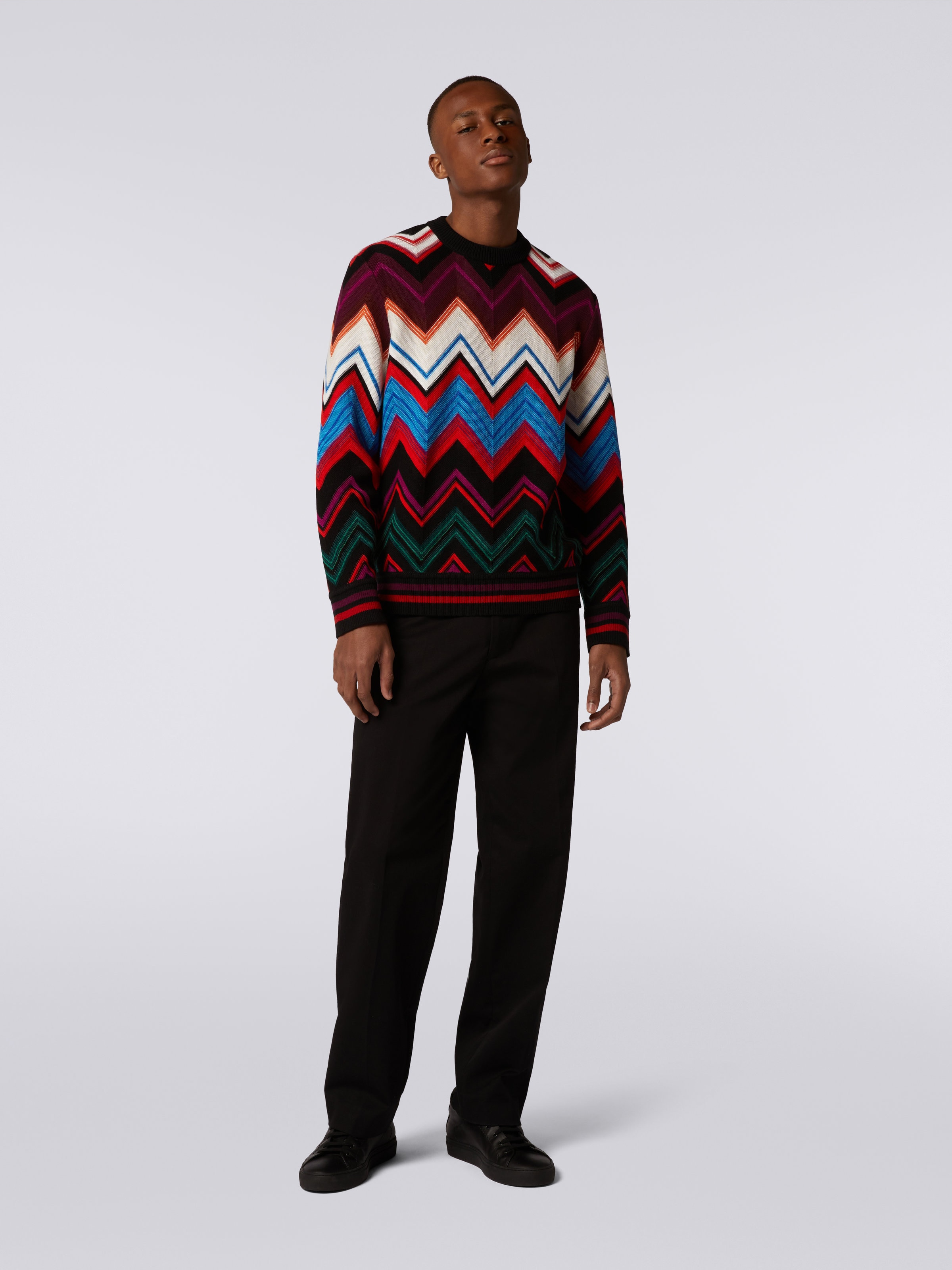 Crew-neck pullover in wool and cotton with zigzag, Multicoloured  - 1